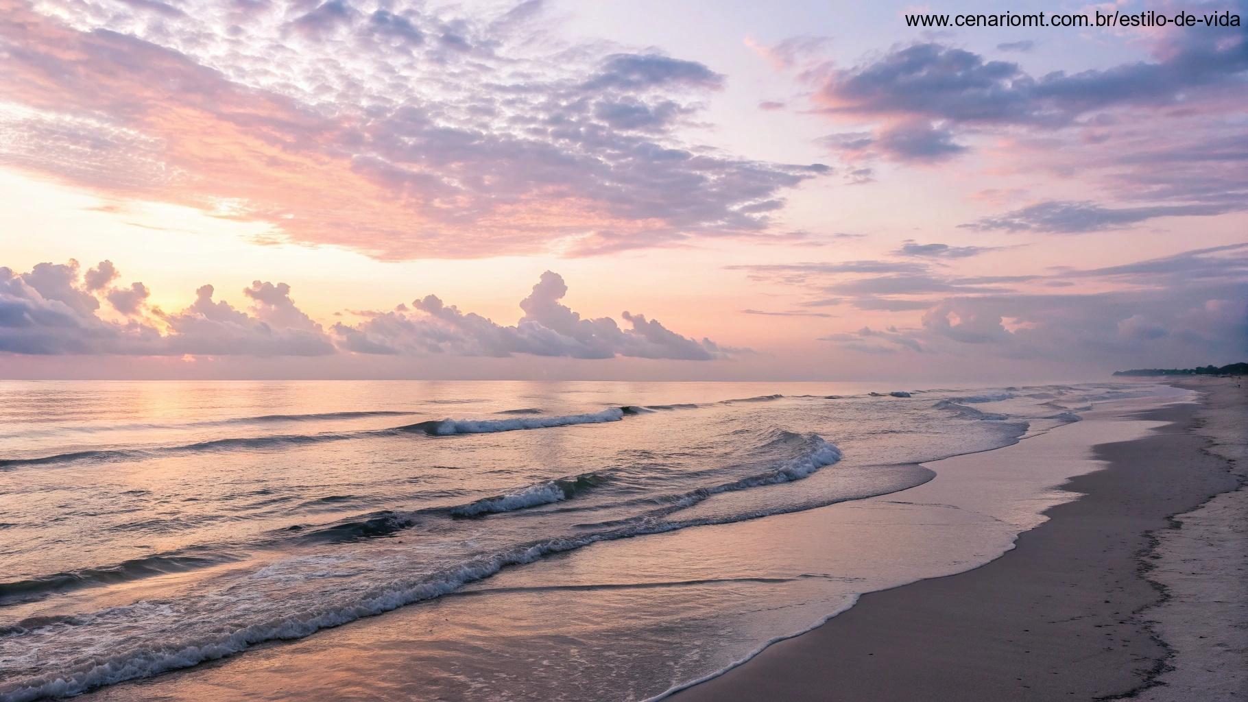 Imagem de um amanhecer tranquilo na praia com ondas suaves.