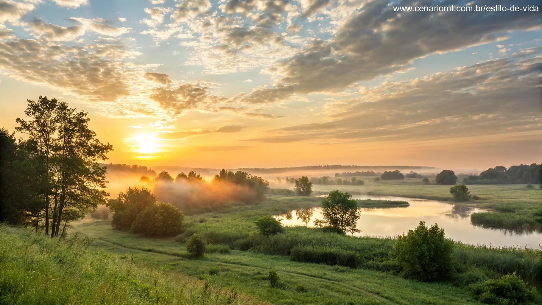 Uma cena matinal tranquila com um nascer do sol, nuvens suaves e uma paisagem natural pacífica, evocando uma sensação de carinho e calor para uma mensagem de bom dia nesta sexta-feira.