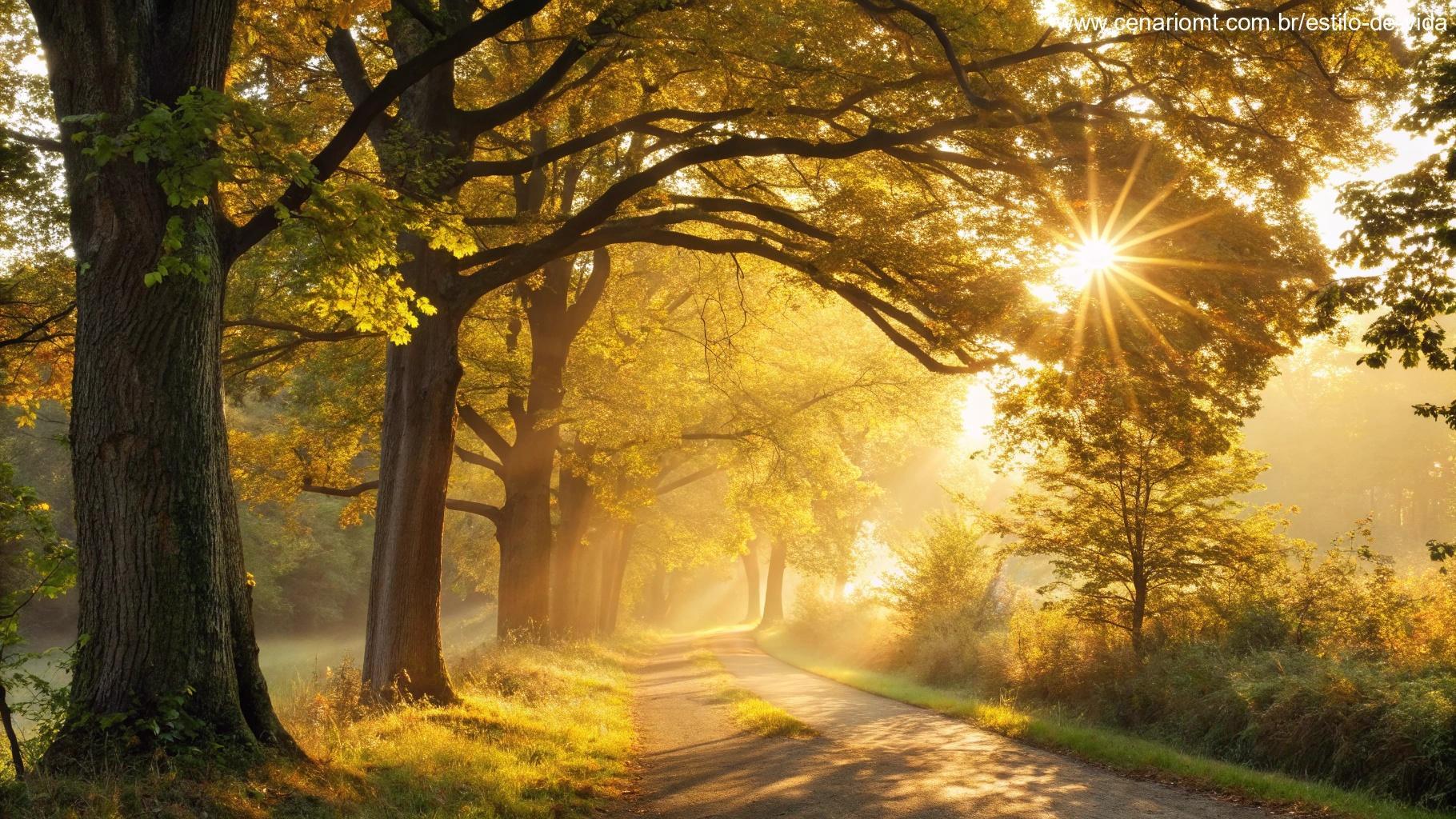 Imagem vibrante e edificante da natureza com luz dourada brilhando através das árvores, simbolizando gratidão e fé, criando uma atmosfera para começar a sexta-feira com positividade.