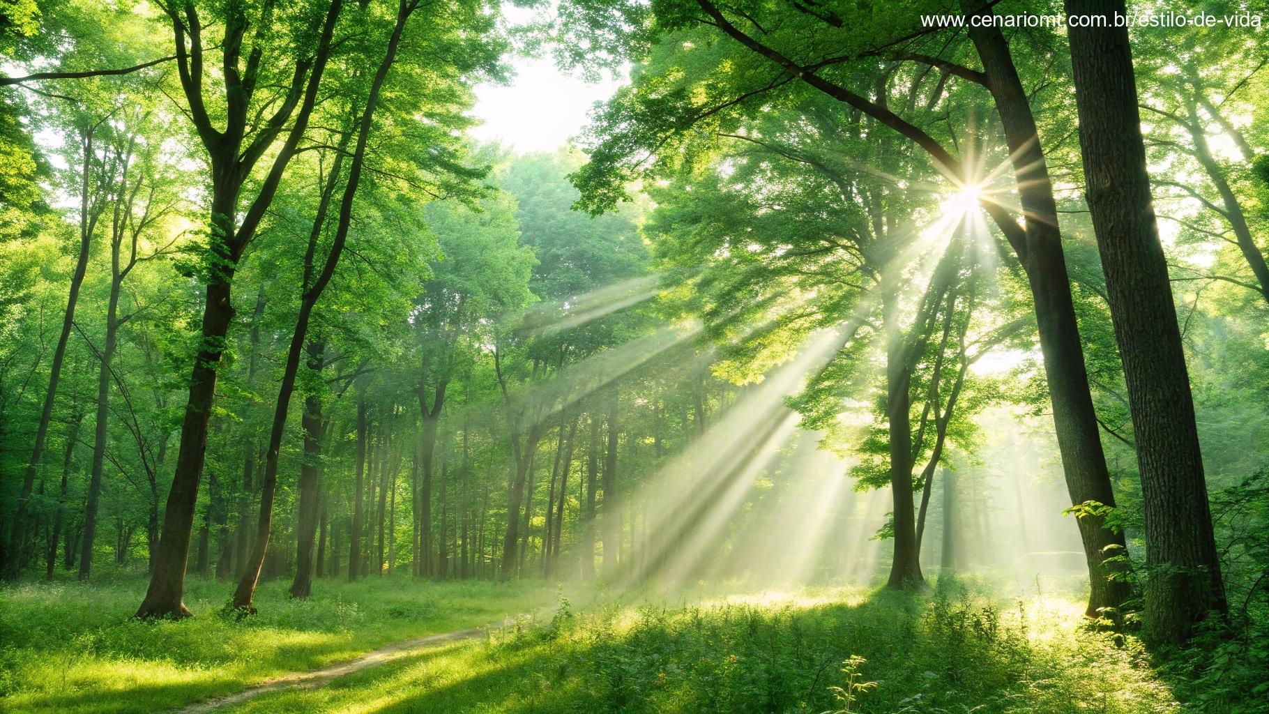 Cena vibrante e energizante de manhã com luz solar filtrando entre as árvores verdes, criando uma atmosfera positiva para uma mensagem especial de terça-feira.
