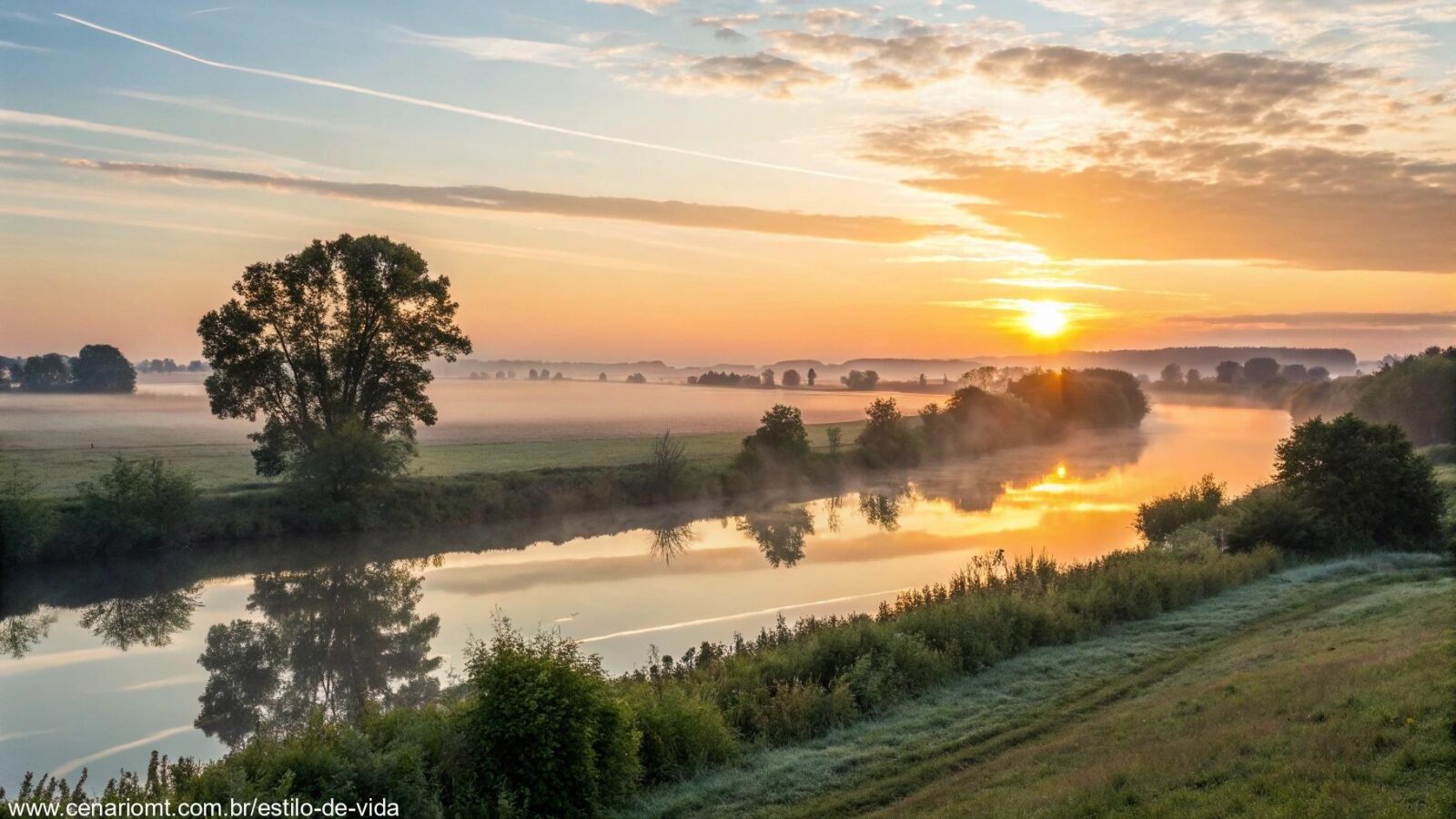 Um amanhecer tranquilo sobre uma paisagem calma, simbolizando paz e esperança para o dia.
