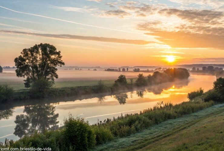 Um amanhecer tranquilo sobre uma paisagem calma, simbolizando paz e esperança para o dia.