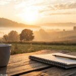 Nascer do sol sereno sobre um campo tranquilo com uma xícara de café sobre uma mesa de madeira.