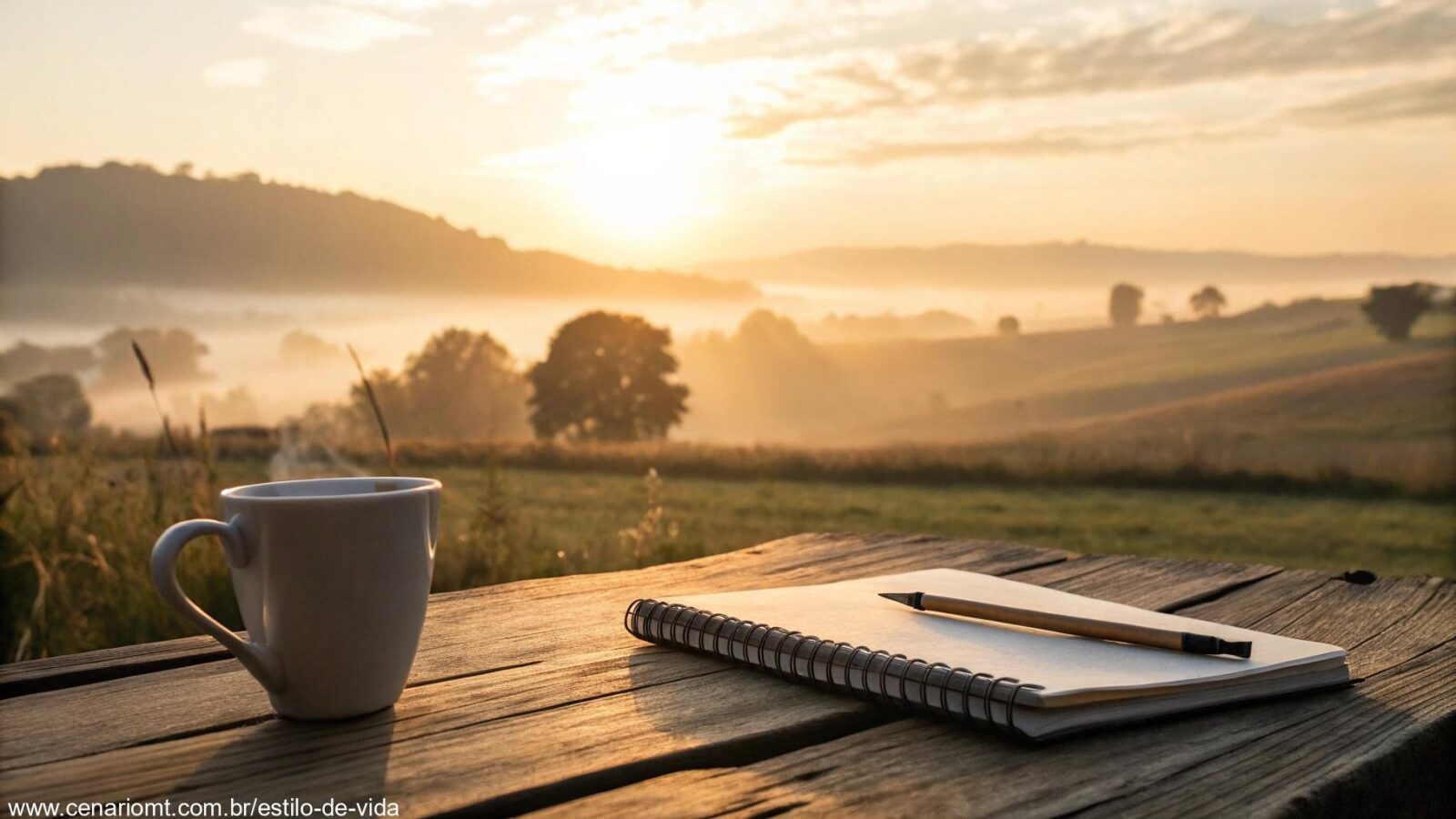 Nascer do sol sereno sobre um campo tranquilo com uma xícara de café sobre uma mesa de madeira.