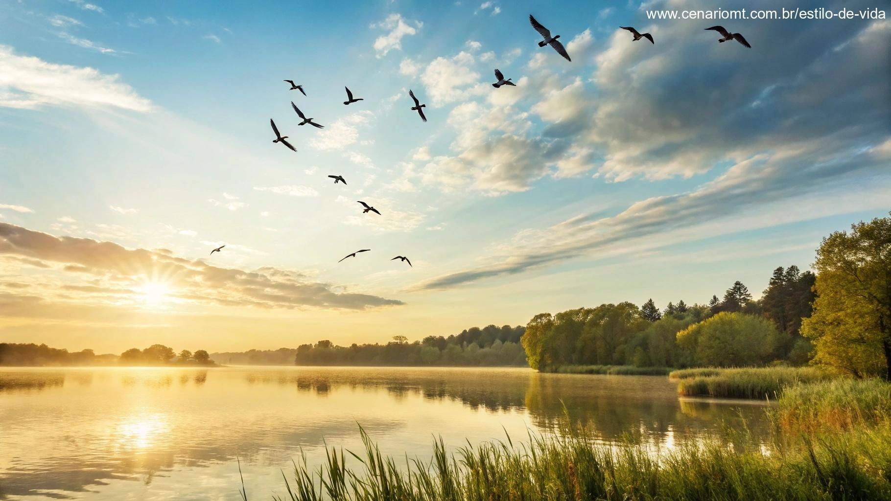 Paisagem ensolarada com pássaros voando sobre um lago tranquilo, simbolizando um novo começo e esperança.