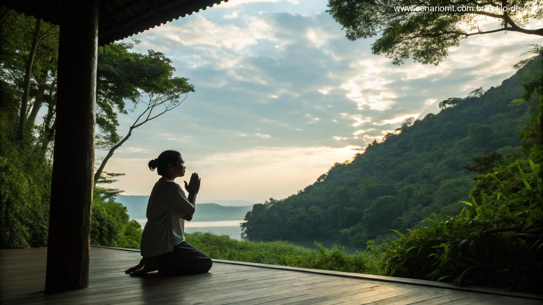 Uma pessoa orando em um ambiente natural tranquilo, simbolizando a busca por força espiritual e conexão com Deus.
