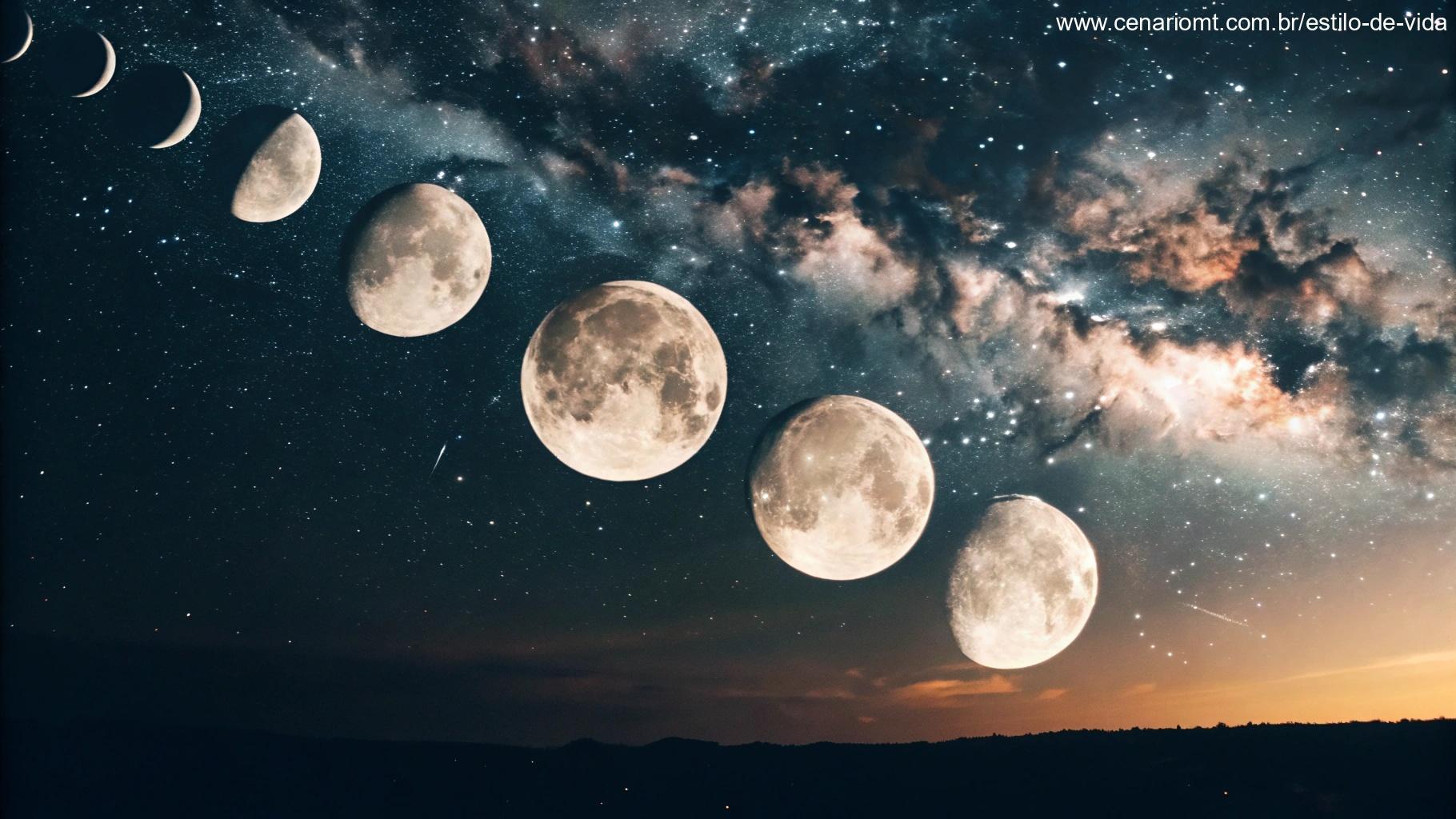 Calendário lunar ilustrado mostrando as fases da Lua nos próximos dias.