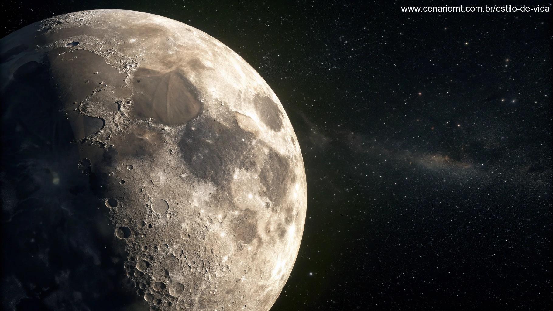 Imagem detalhada da Lua Minguante com sua superfície craterada e céu estrelado.