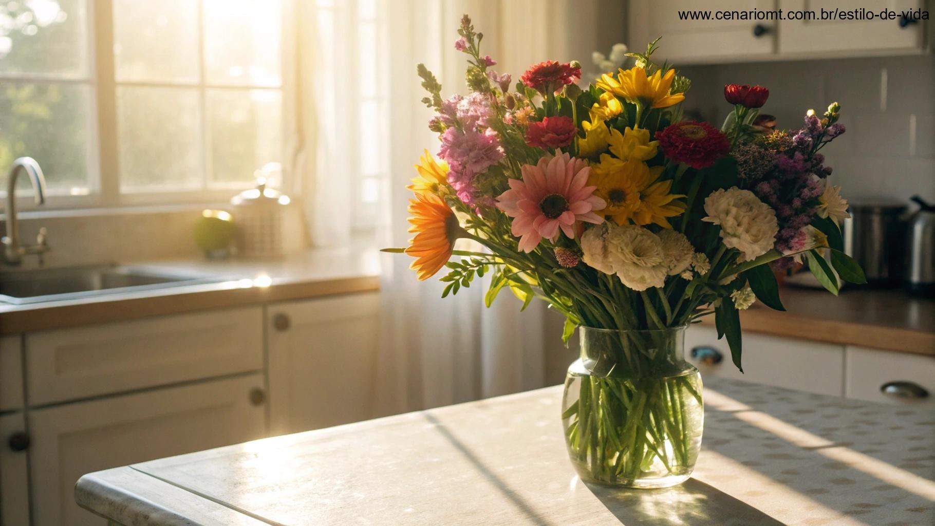Um buquê alegre e colorido de flores sobre uma mesa de cozinha com luz suave da manhã entrando pela janela, irradiando positividade e amor para começar a semana.