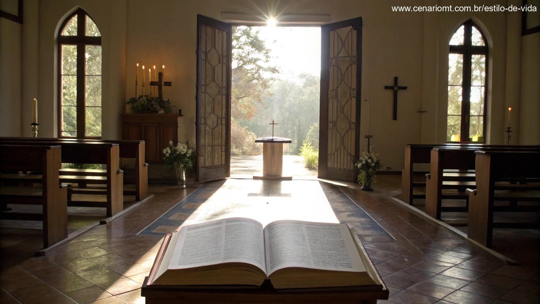 Ambiente tranquilo de igreja com portas abertas, luz entrando e uma Bíblia no altar, evocando a prática da fé.