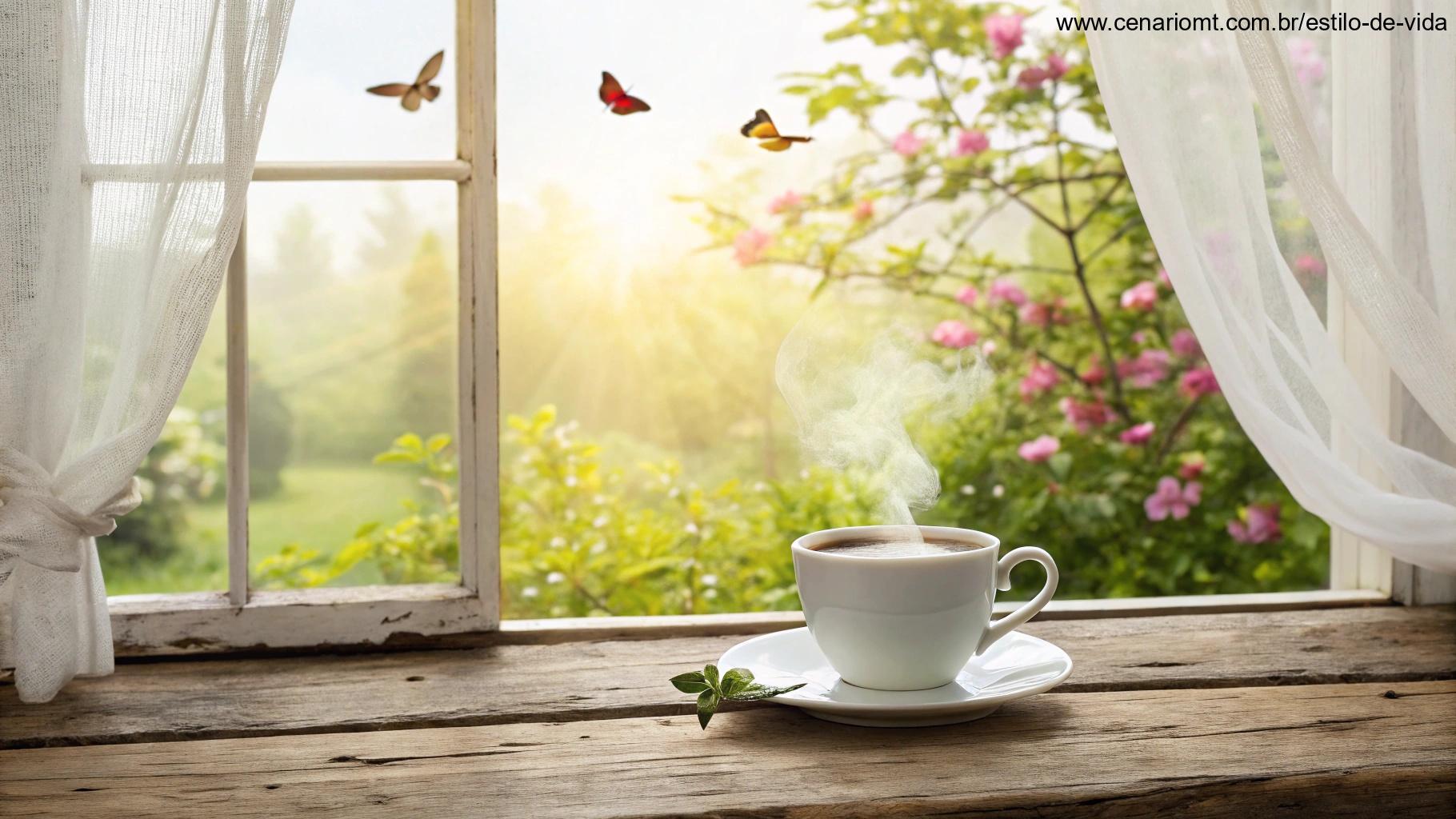 Xícara de café quente ao lado de uma janela com vista para um jardim iluminado pelo sol.