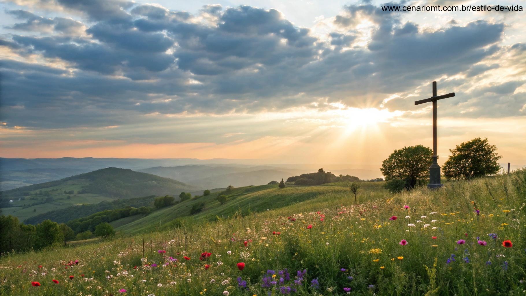 Amanhecer sereno com uma cruz no topo de uma colina e um campo florido, simbolizando gratidão e fé.