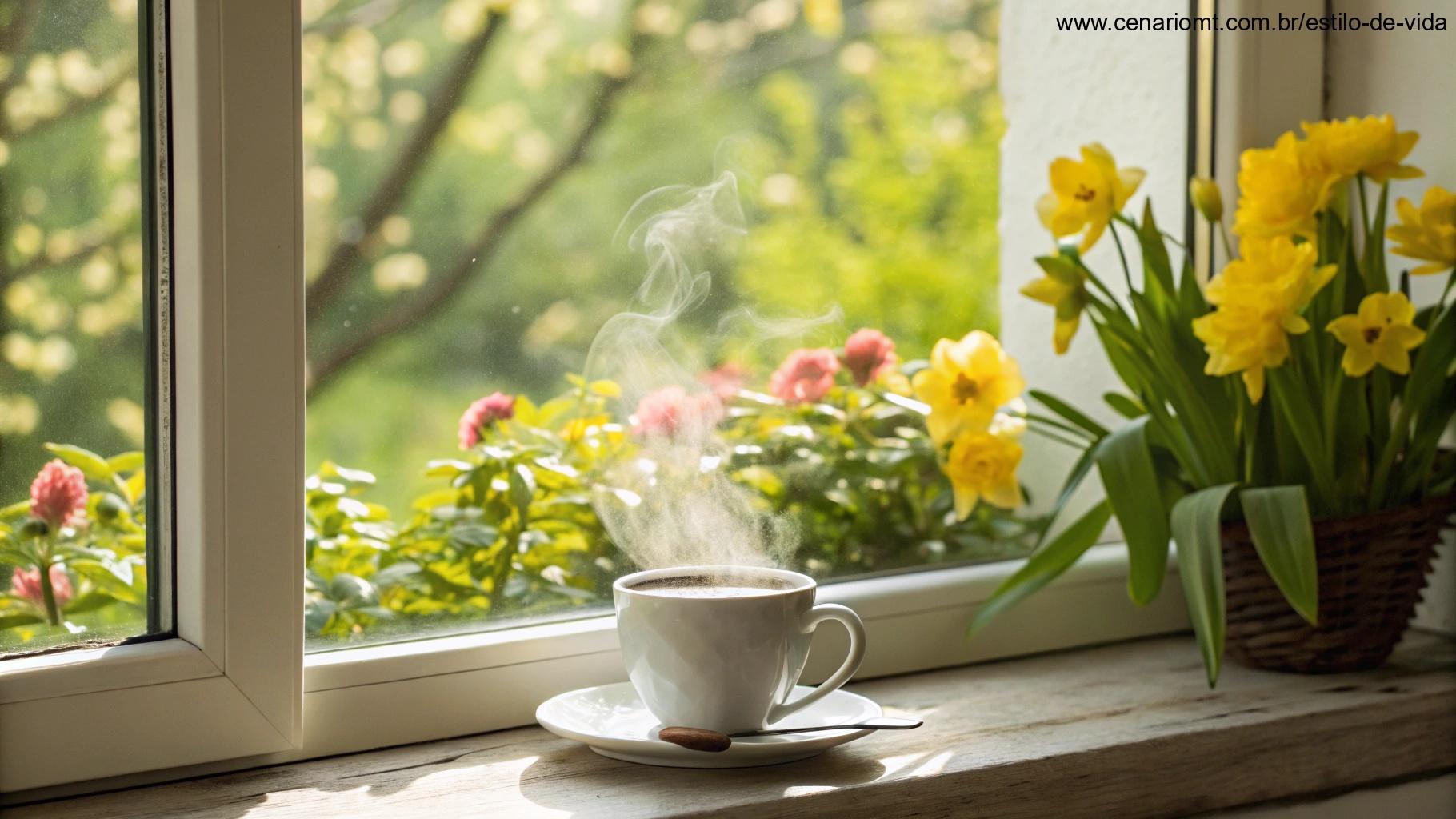Cena aconchegante de manhã com uma xícara de café quente ao lado de uma janela, com vista para um jardim iluminado e vibrante.