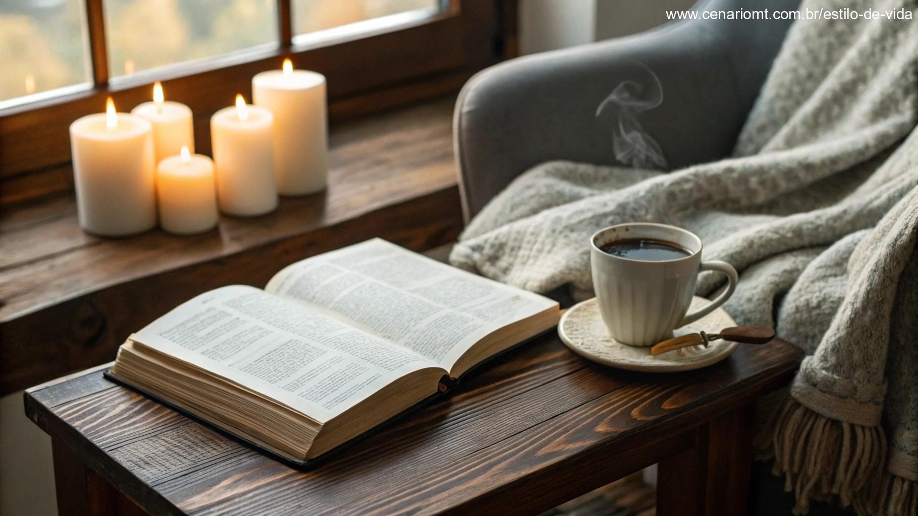 Ambiente aconchegante com uma Bíblia aberta sobre a mesa, luz de velas e uma xícara de café.