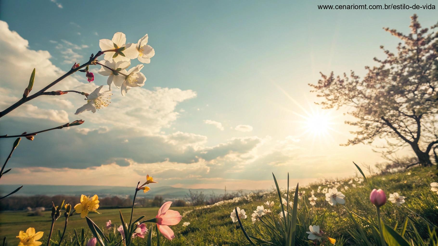 Uma cena cheia de esperança com céu claro e luz solar brilhante, com flores desabrochando ao fundo, simbolizando um novo começo.
