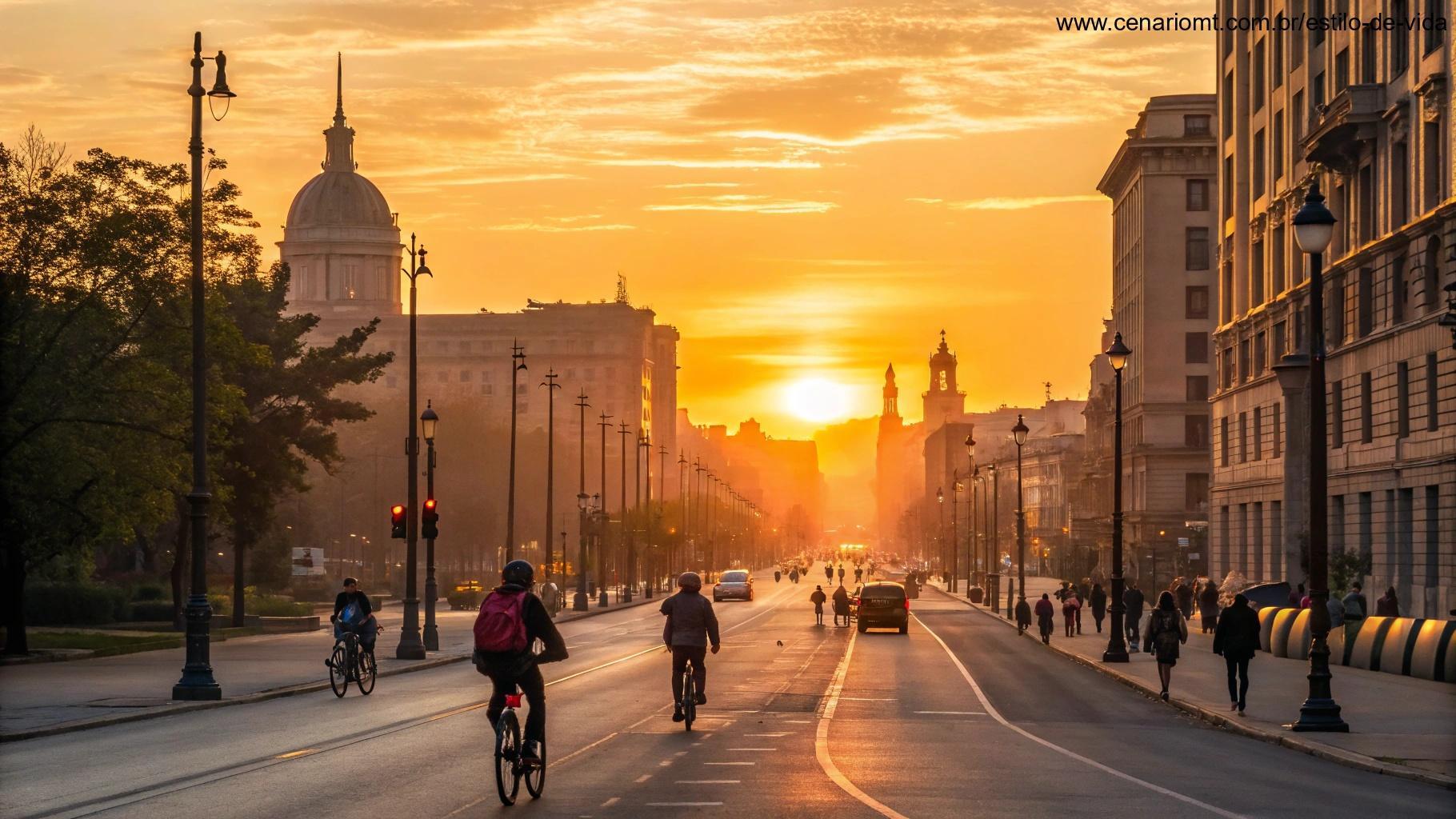 Amanhecer vibrante sobre uma cidade movimentada, simbolizando otimismo