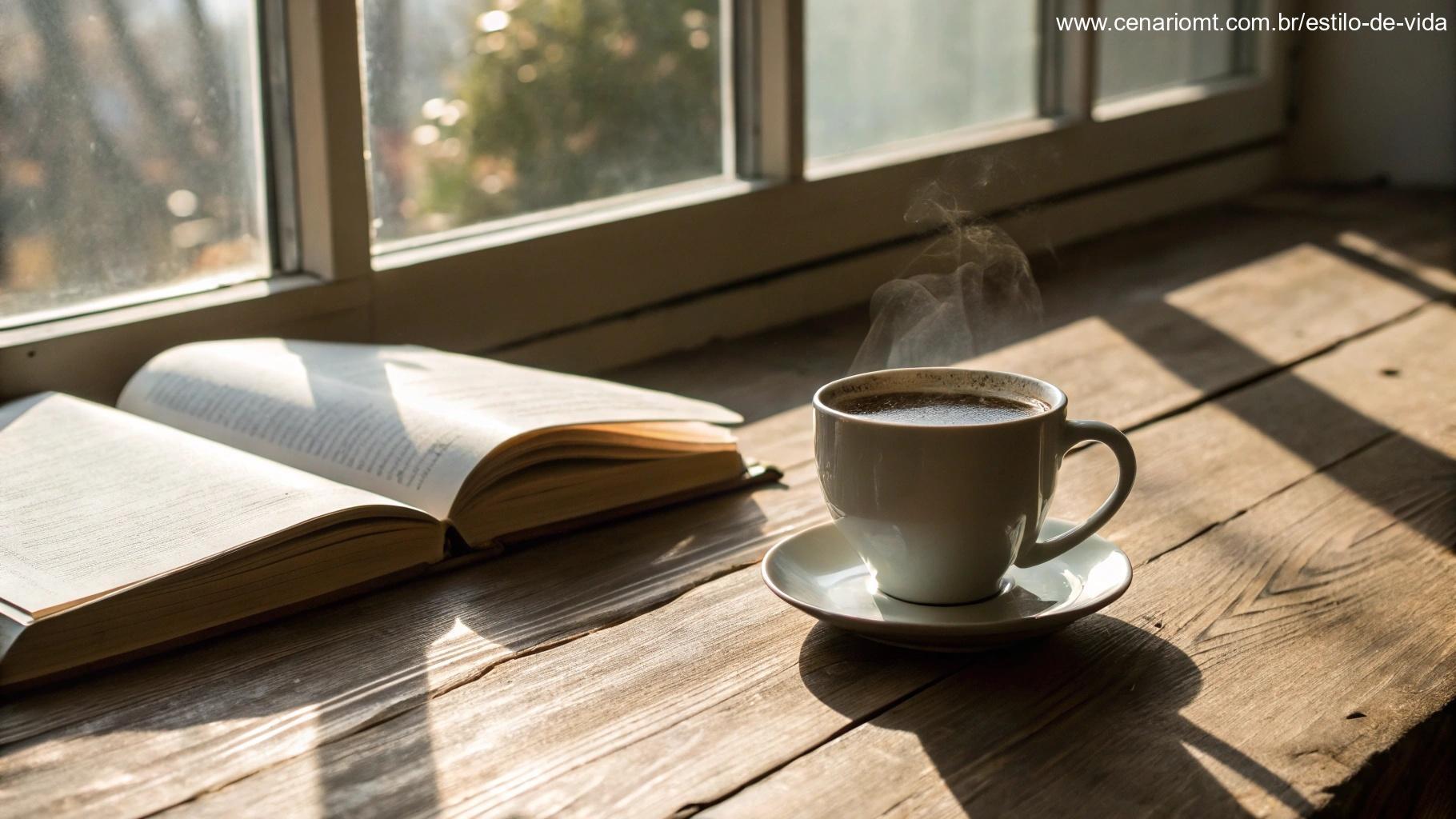Uma xícara de café quente sobre uma mesa de madeira ao lado de um livro aberto, com luz suave entrando pela janela.