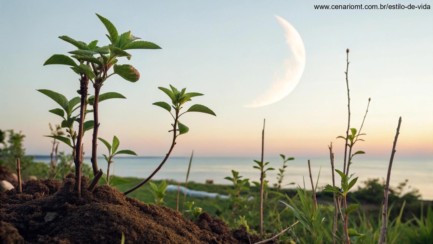 Representação simbólica da lua crescente, com elementos como plantas crescendo e uma energia calma ao redor da lua. As cores são suaves e naturais, representando crescimento e renovação.