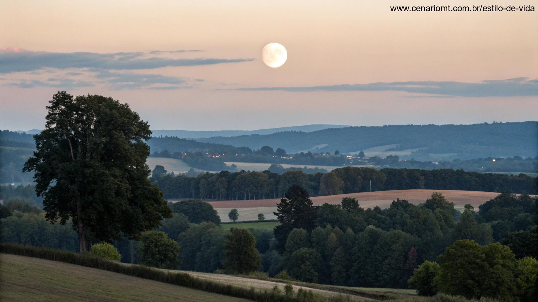 Uma paisagem tranquila ao anoitecer com a lua gibosa minguante no céu, iluminando suavemente a terra, com árvores e campos em silhueta.