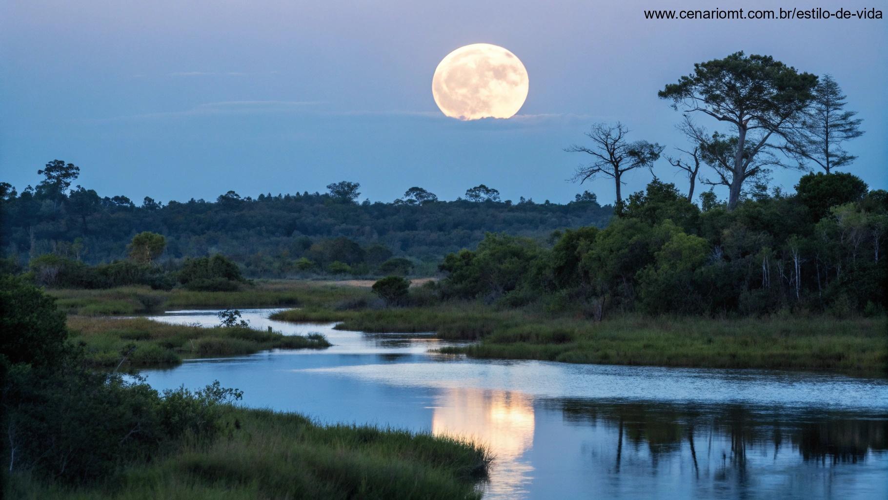 Paisagem serena sob a lua cheia, com água refletindo a luz da lua.