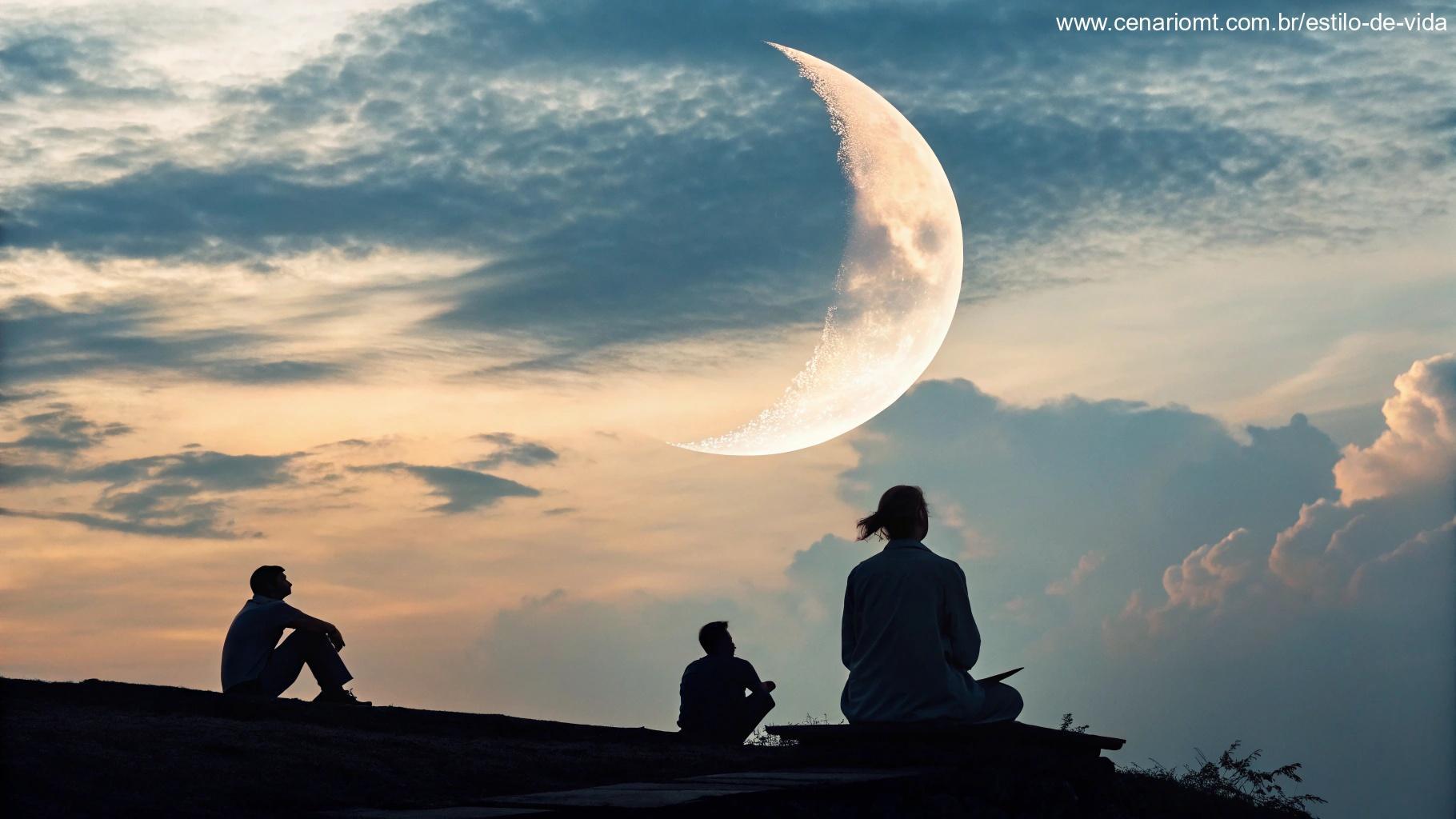 Representação artística da influência da Lua Minguante no dia a dia, com uma lua brilhante e pessoas meditativas.