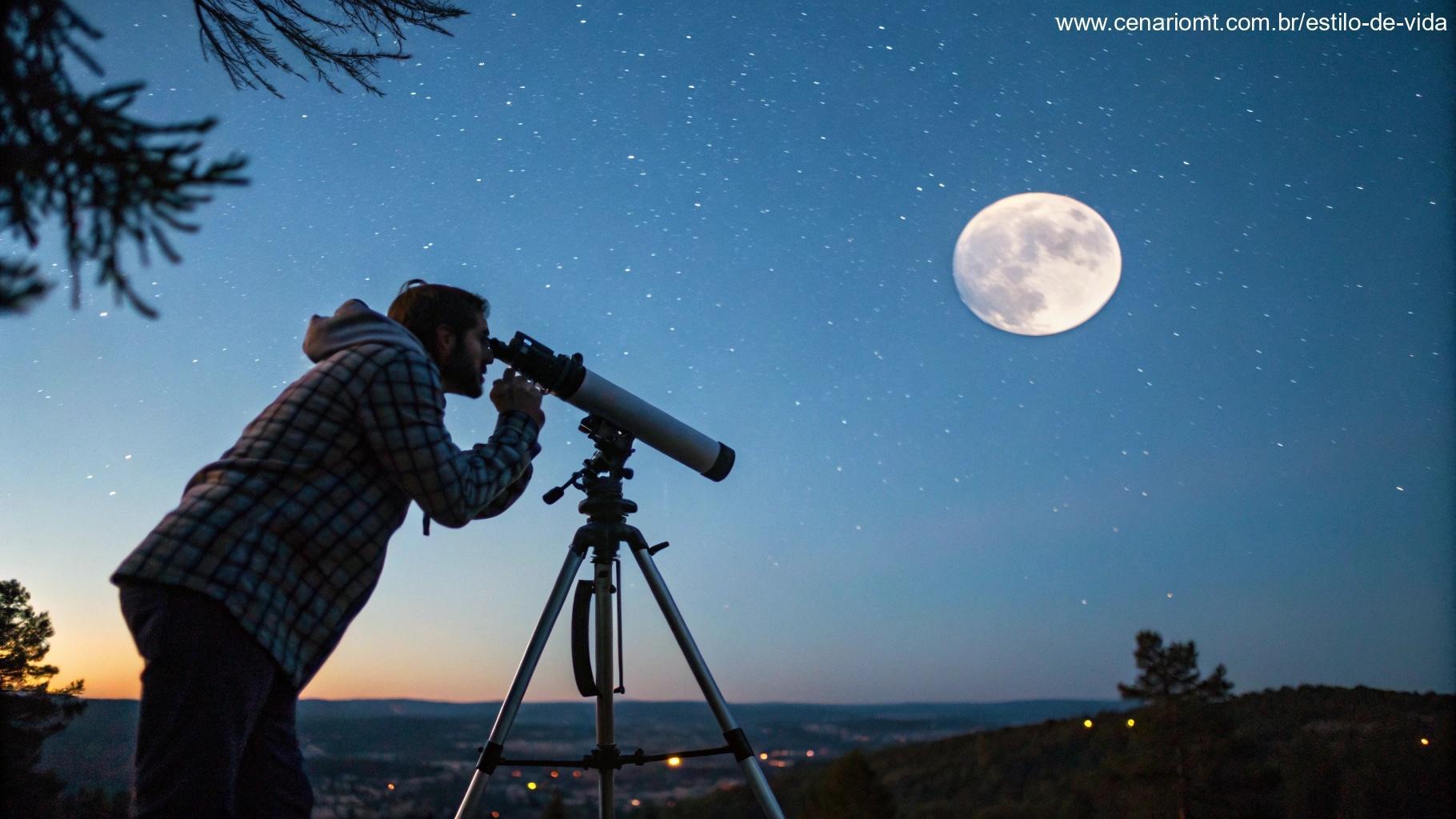 Pessoa usando um telescópio para observar a lua em um céu noturno claro, com a lua gibosa minguante visível ao fundo