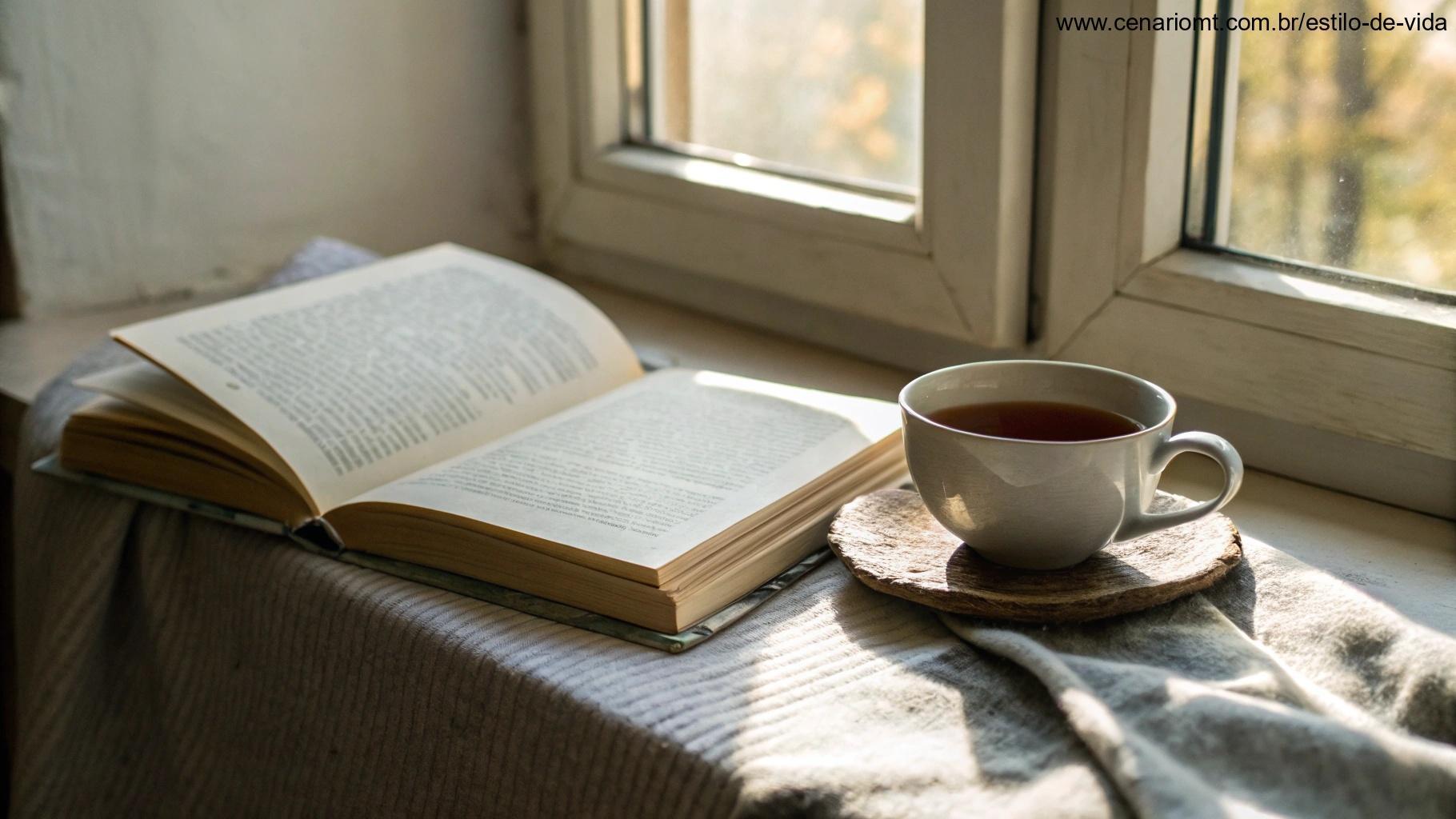 Cena aconchegante com livro aberto e luz suave, inspirando reflexão.