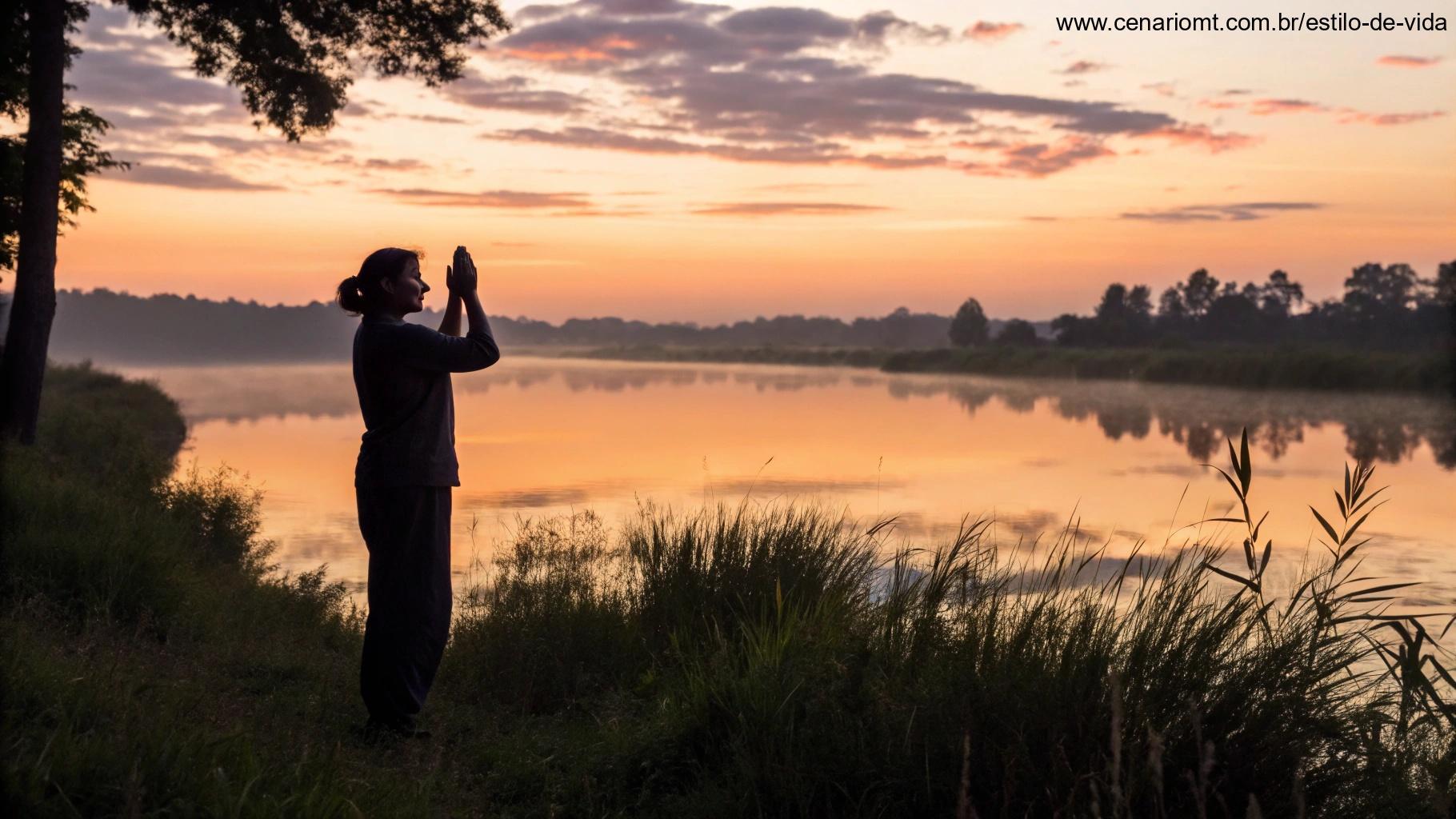 Uma paisagem tranquila ao pôr do sol, com uma pessoa de pé ao lado de um lago, com as mãos levantadas em oração, refletindo sobre a paz de Deus.