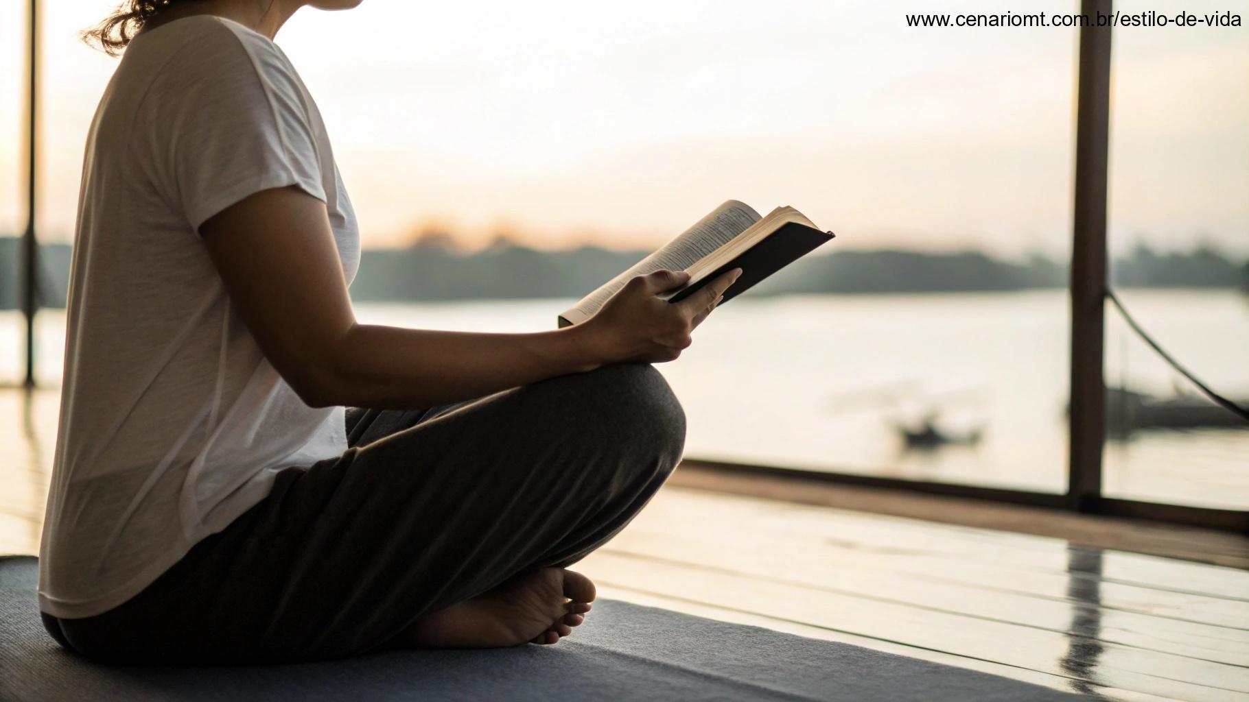 Um ambiente calmo com alguém meditando enquanto segura uma Bíblia, representando a aplicação de um versículo bíblico na vida cotidiana.