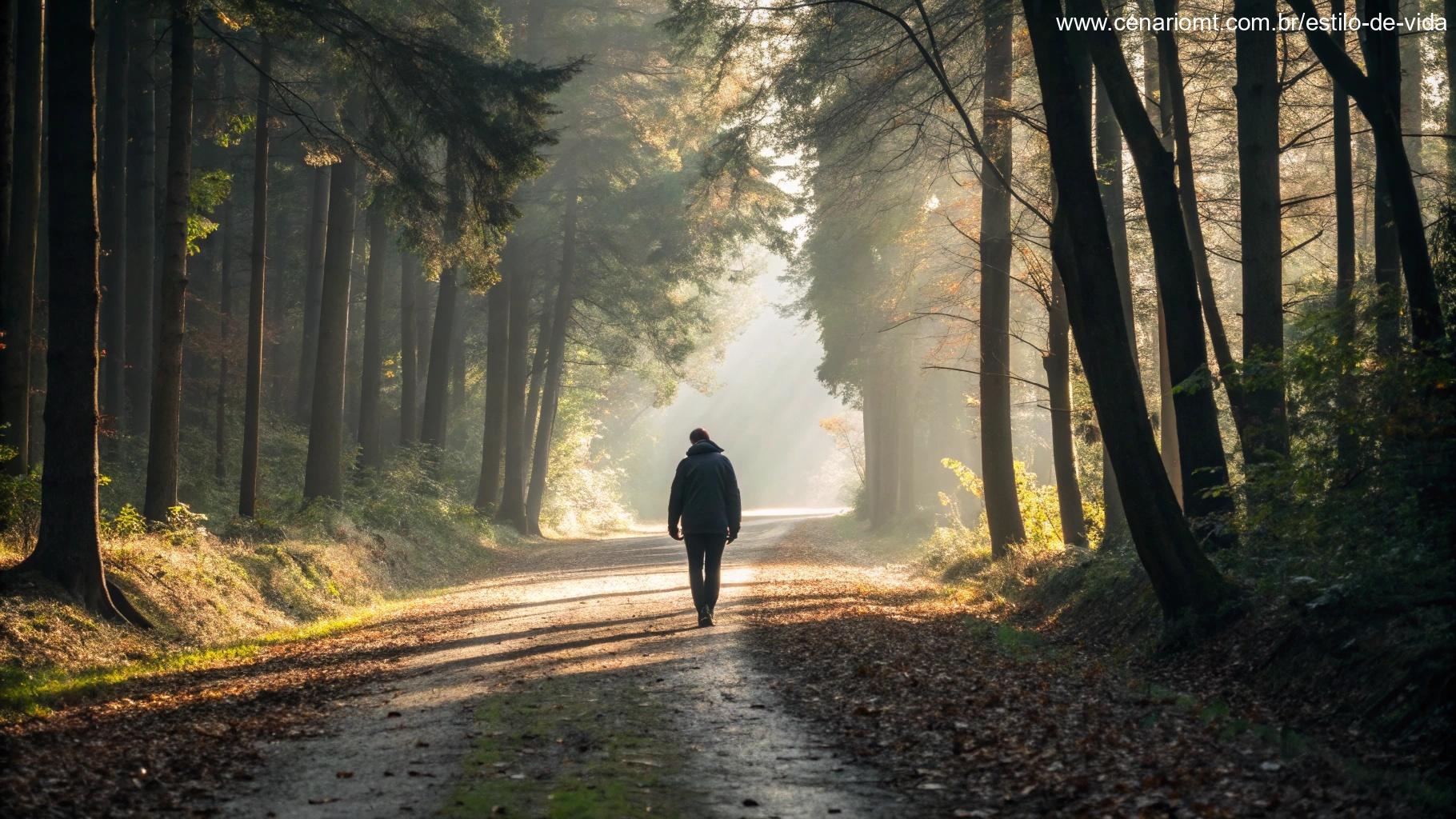 Pessoa caminhando por um caminho tranquilo na floresta, banhada pela luz suave, simbolizando a aplicação do Salmo no dia a dia.