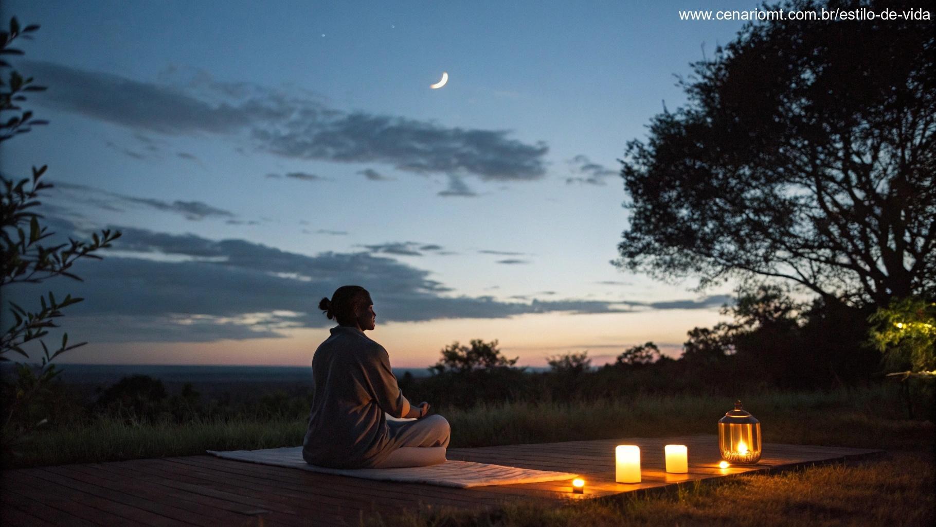 Cena pacífica de meditação sob o céu da Lua Nova, com uma pessoa em um ambiente sereno e iluminado por velas.