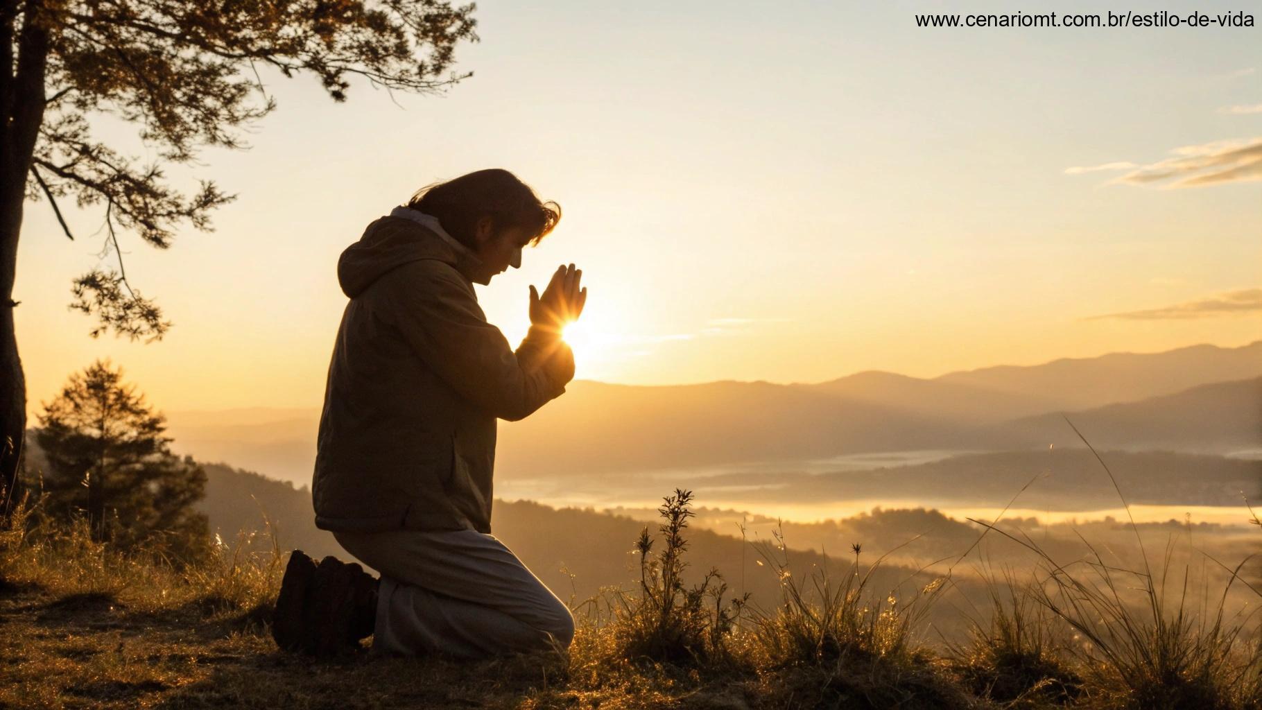 Imagem inspiradora de uma pessoa orando, com o sol nascendo ao fundo, representando como as orações fortalecem a fé.