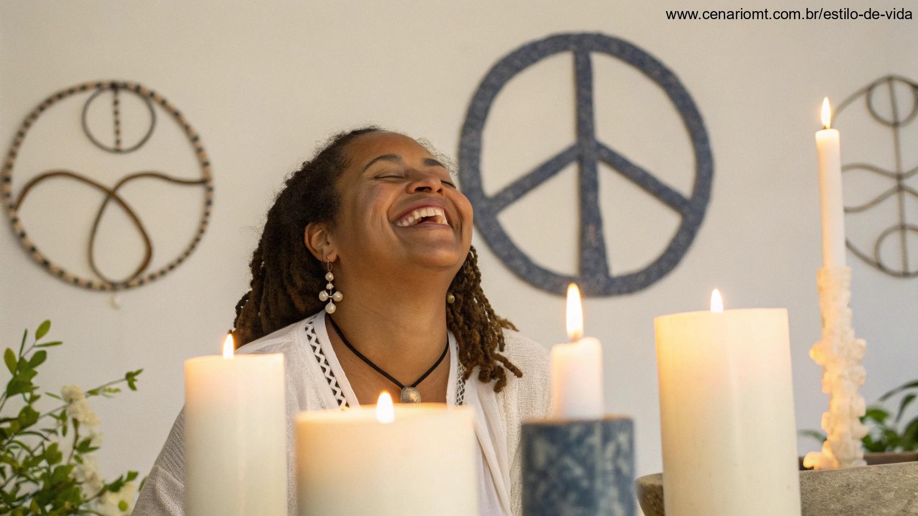 Uma mulher cercada por velas e símbolos de paz, simbolizando a celebração do Dia da Mulher com fé e espiritualidade.