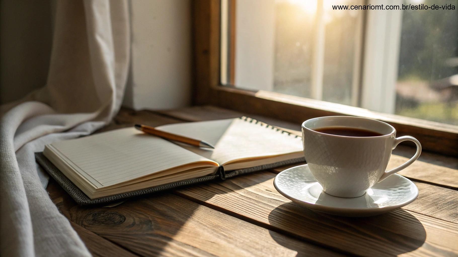 Espaço de trabalho simples e tranquilo com chá ou café.