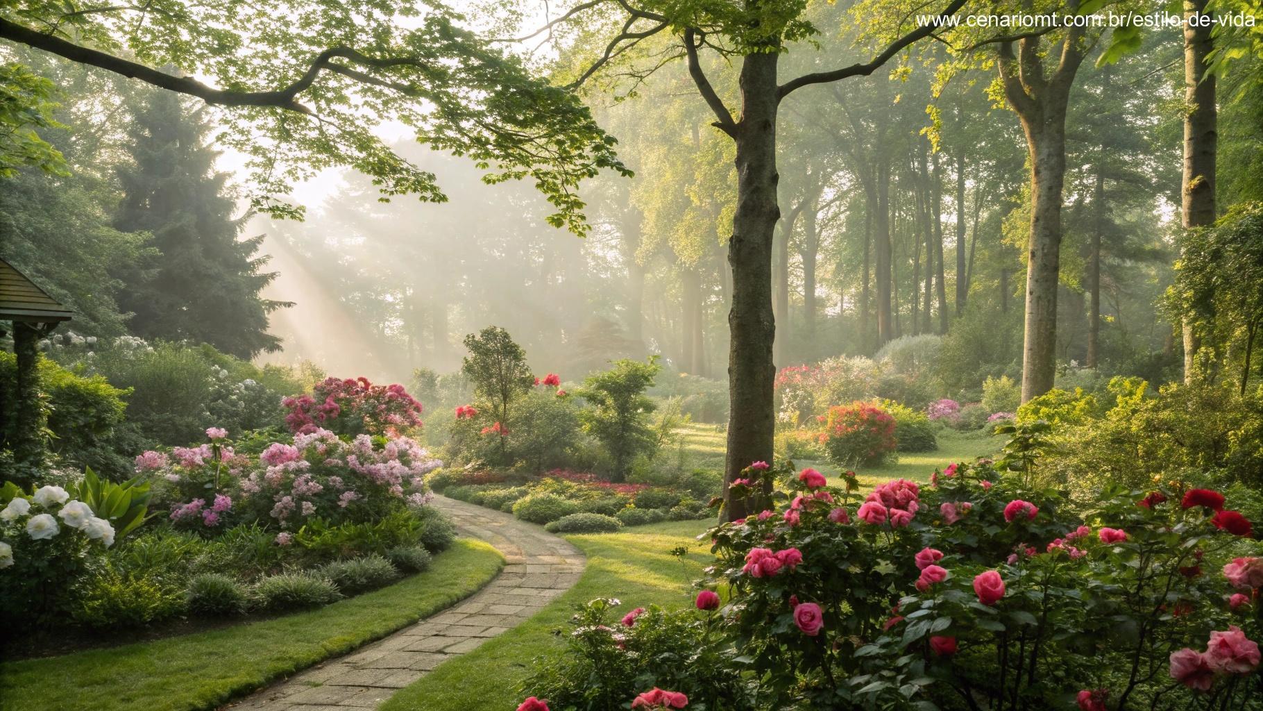 Imagem de um jardim tranquilo com flores desabrochando e luz suave filtrando pelas folhas, criando uma atmosfera calma e positiva.