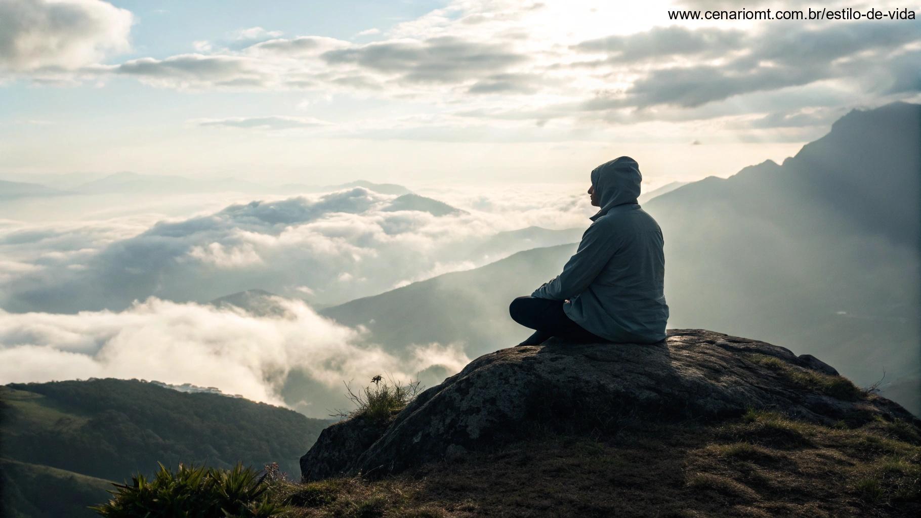 Cena meditativa com uma pessoa sentada de pernas cruzadas no topo de uma montanha, imersa em pensamentos e cercada por nuvens, simbolizando o crescimento espiritual.