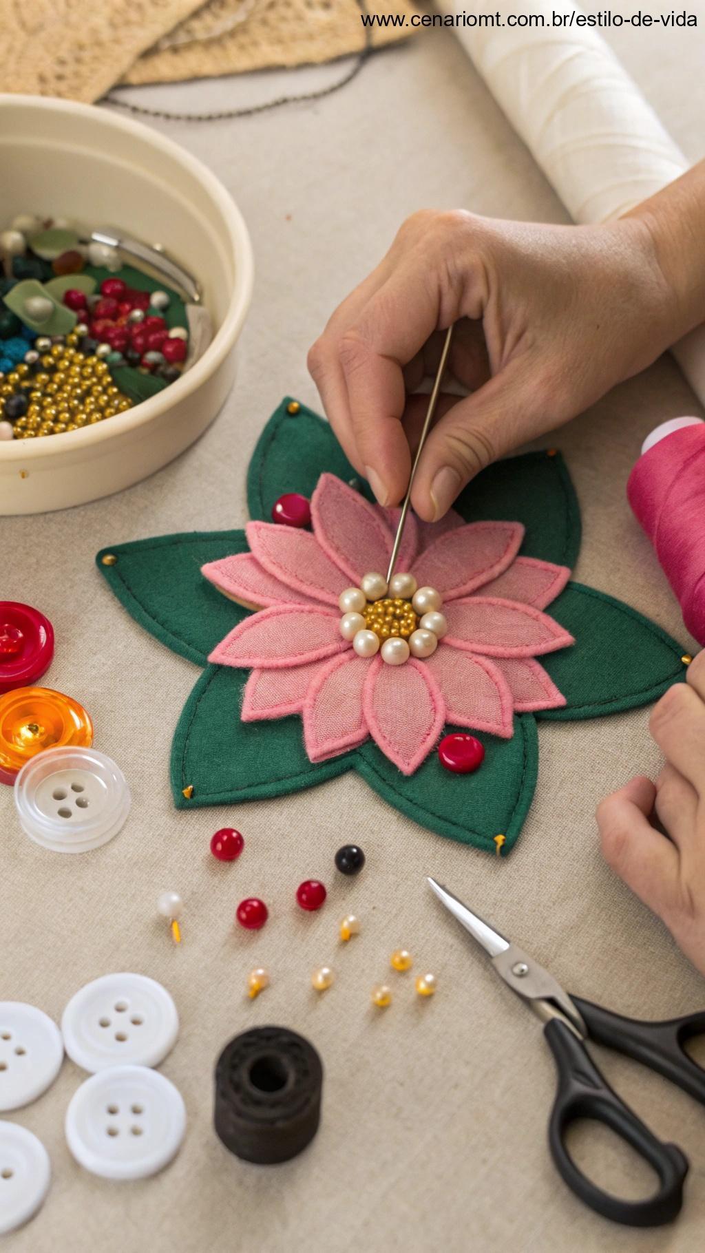 Tutorial para montar o miolo de uma flor, usando miçangas, botões e tecidos.