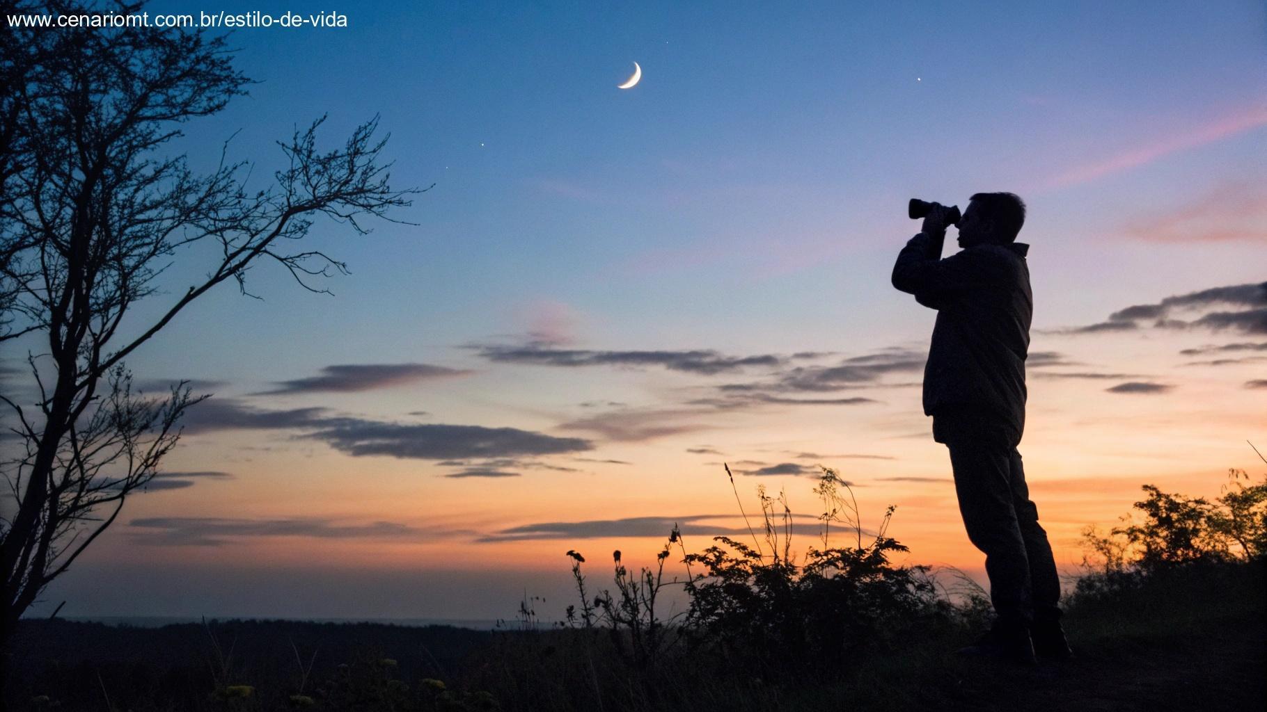 Silhueta de uma pessoa contra um céu crepuscular, olhando para uma lua crescente com binóculos