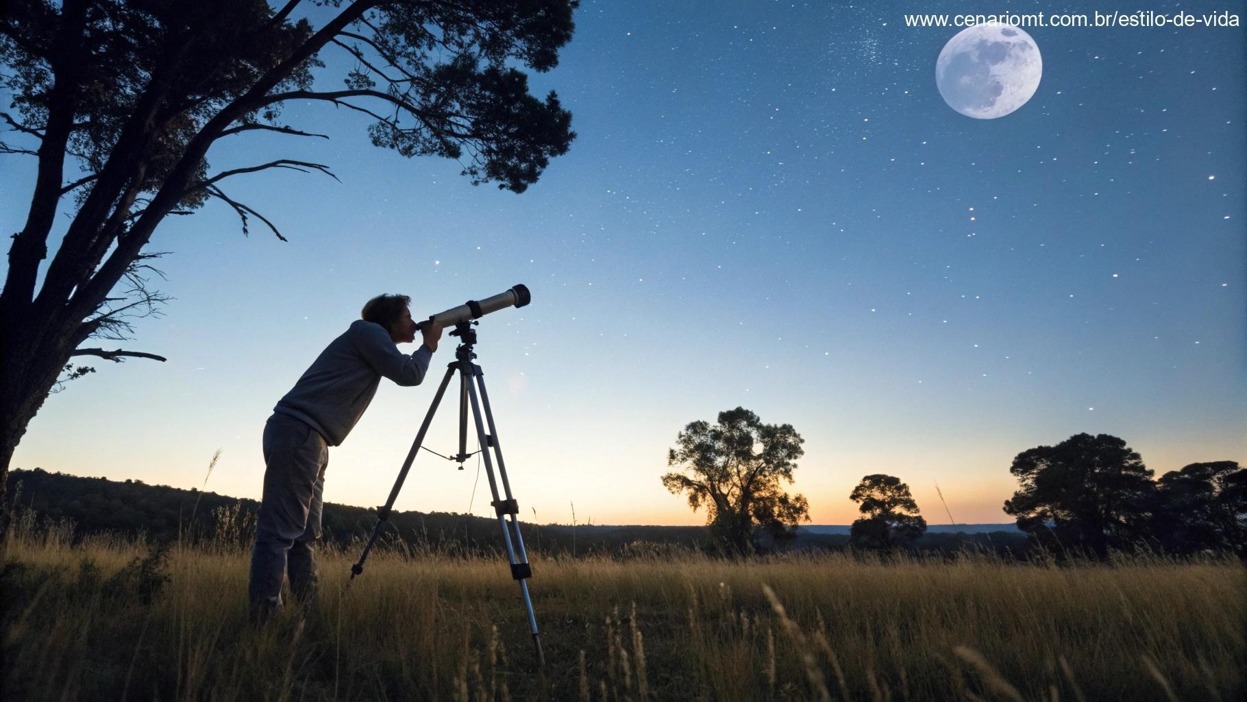 Pessoa observando a Lua Nova através de um telescópio em uma noite estrelada.