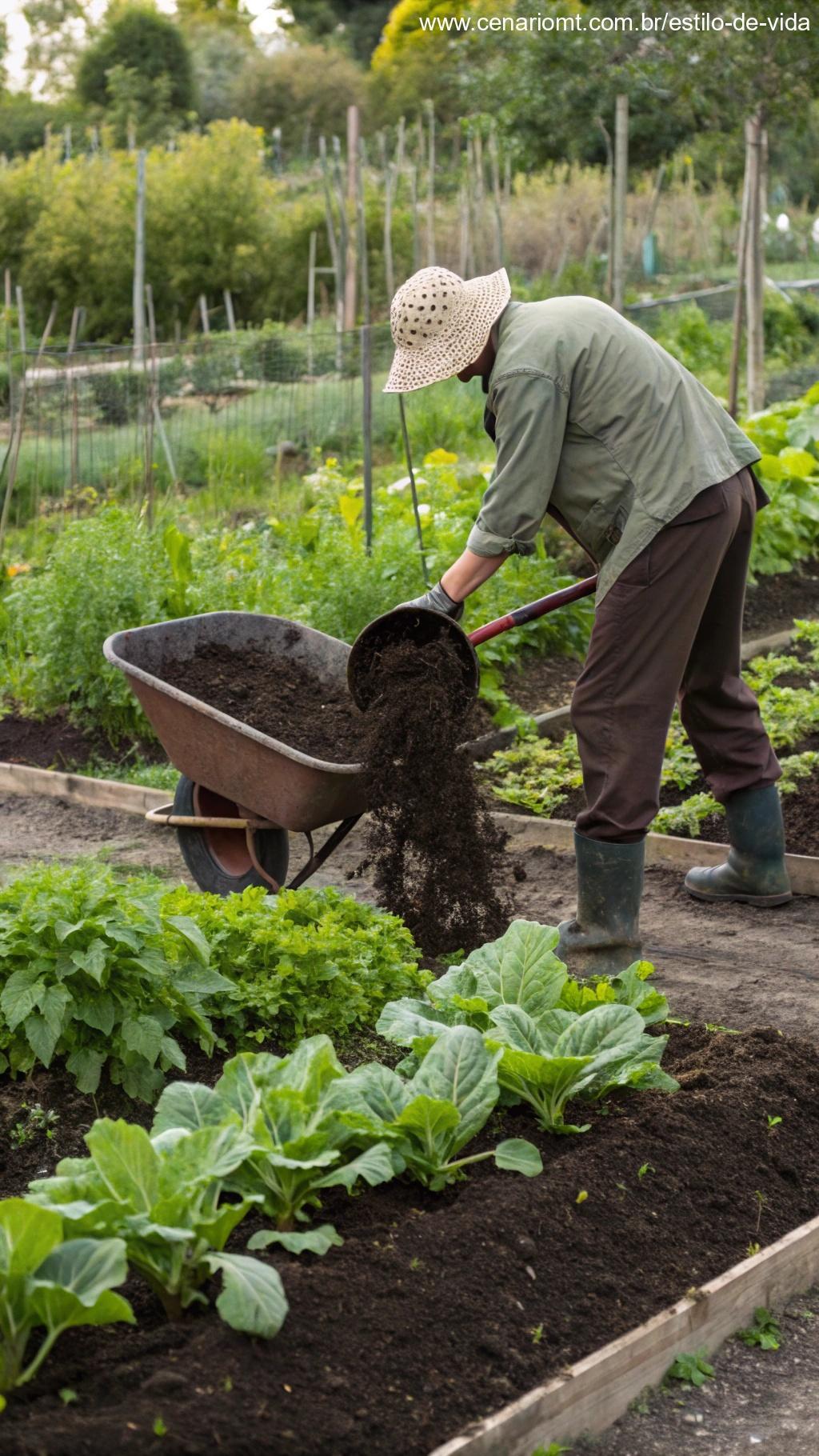 Uso de composto na jardinagem para melhorar a saúde das plantas.