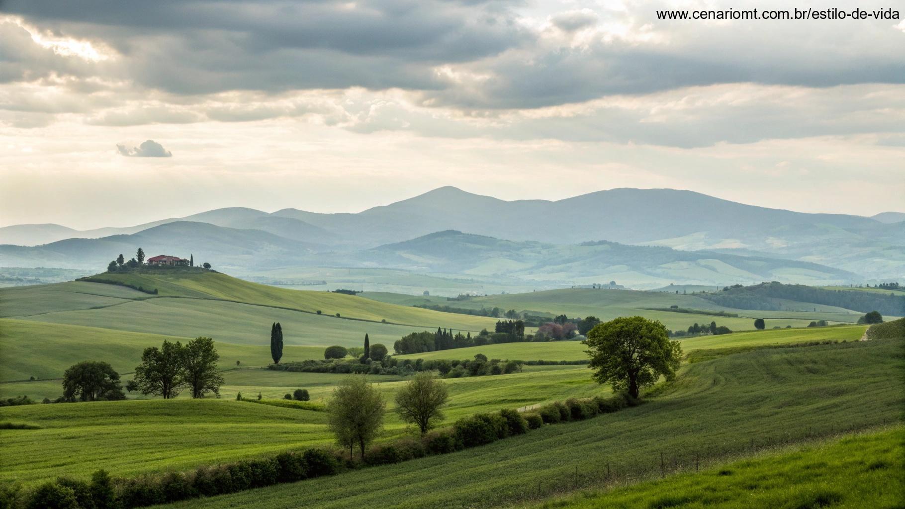 Paisagem tranquila com campos abertos e montanhas ao fundo, simbolizando fé e esperança.