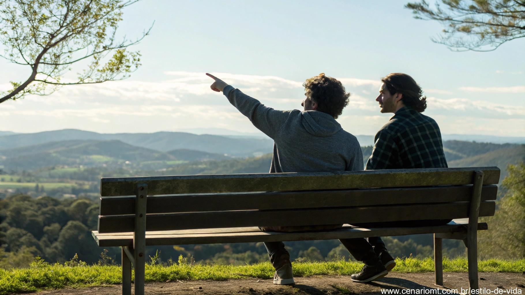 Duas pessoas em um banco de parque observando a paisagem, uma apontando para o horizonte