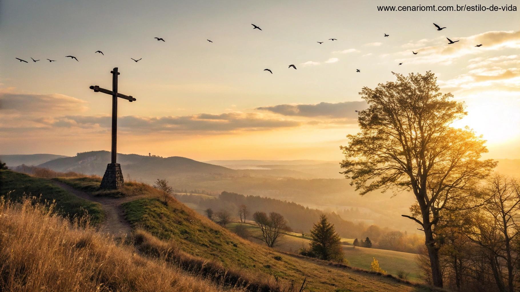 Imagem de uma cruz de madeira em uma colina ao pôr do sol, transmitindo paz e espiritualidade.