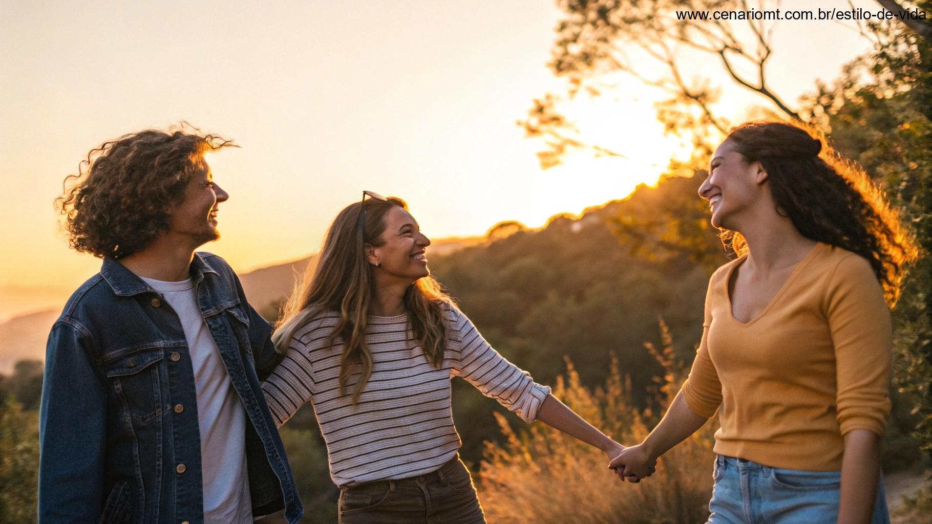 Grupo de amigos compartilhando um momento de alegria ao ar livre, sorrindo e se abraçando sob o pôr do sol dourado.