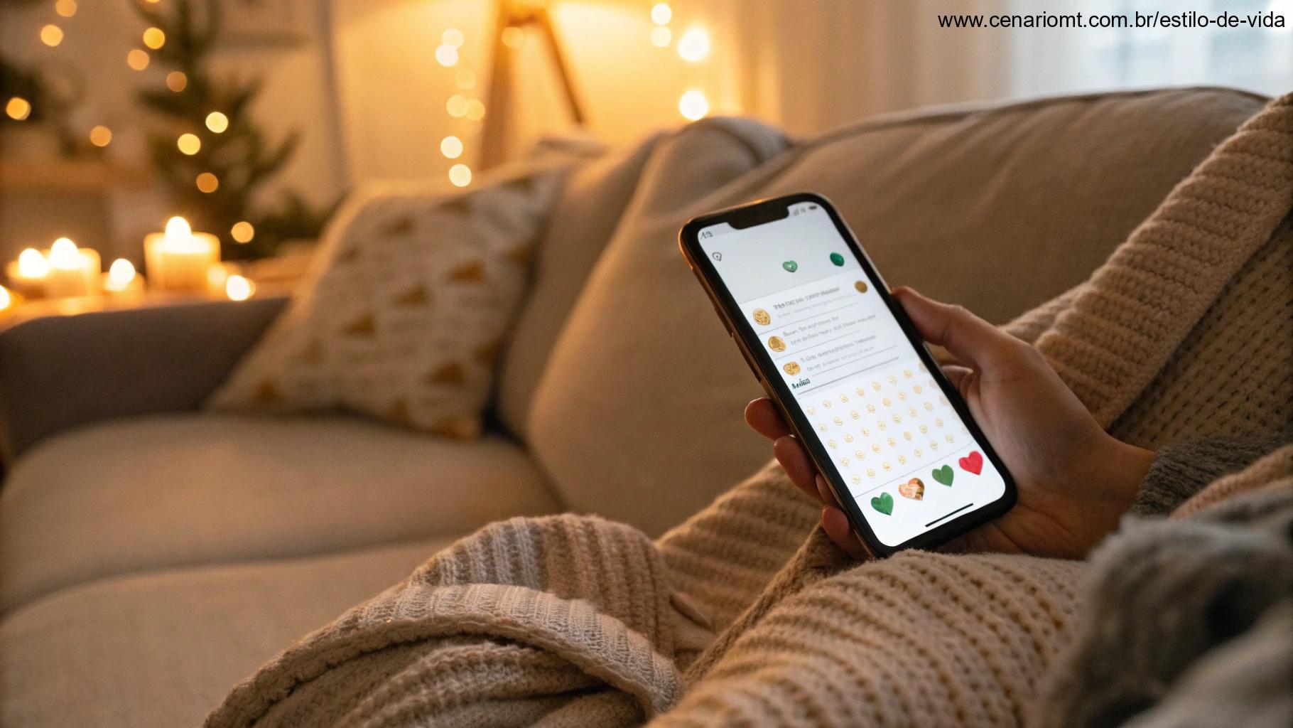 Imagem de uma tela de smartphone com uma mensagem carinhosa no WhatsApp, em um ambiente acolhedor.