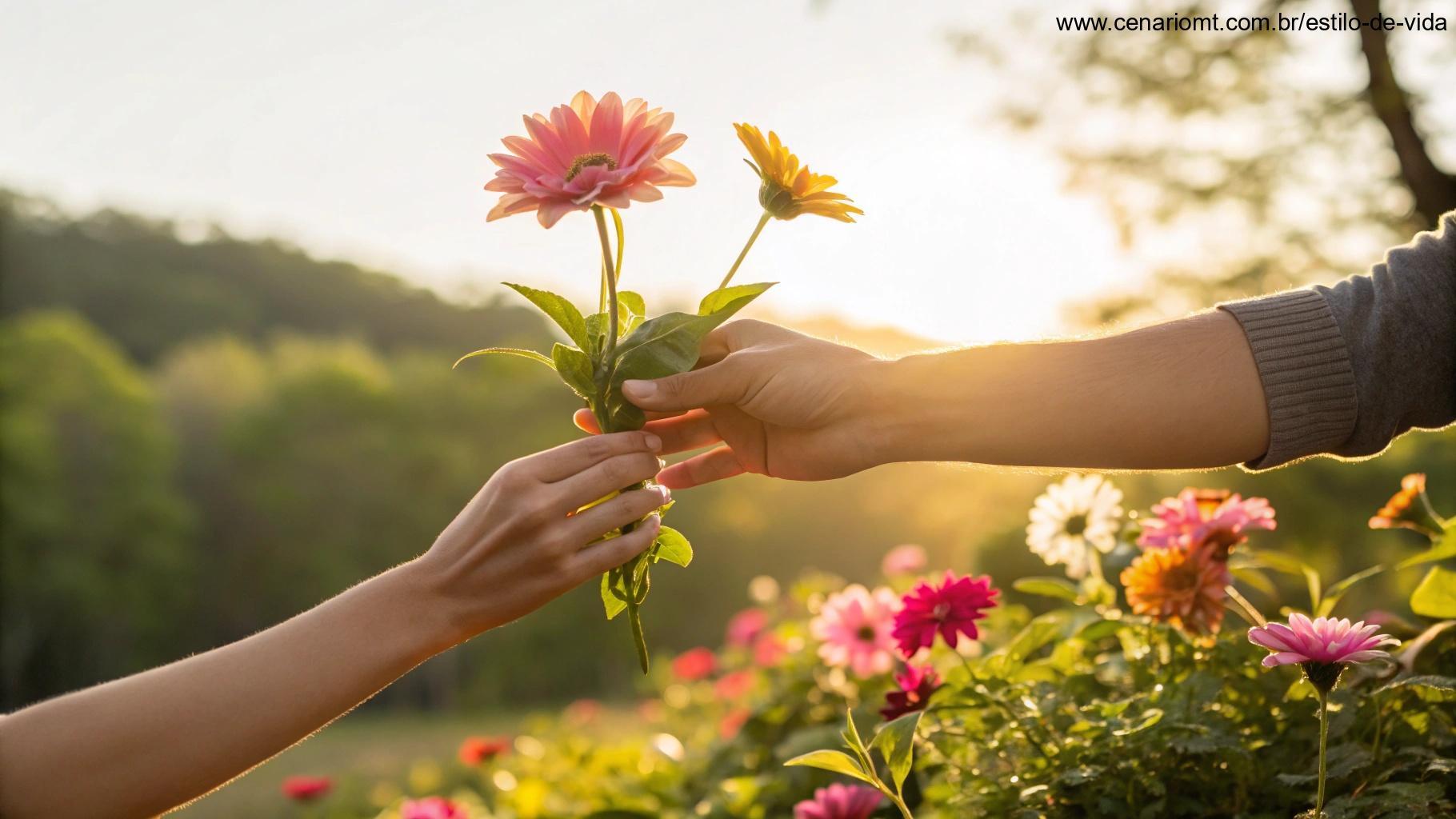 Uma mão gentil oferecendo uma flor vibrante para outra pessoa, cercada por luz suave e um fundo de natureza florescendo, representando carinho e positividade.