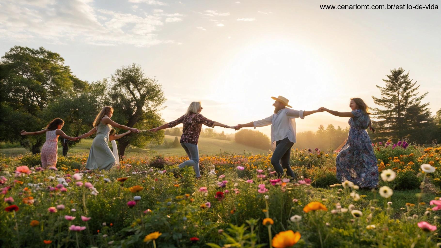 Grupo de pessoas em um jardim florido compartilhando alegria e gratidão.