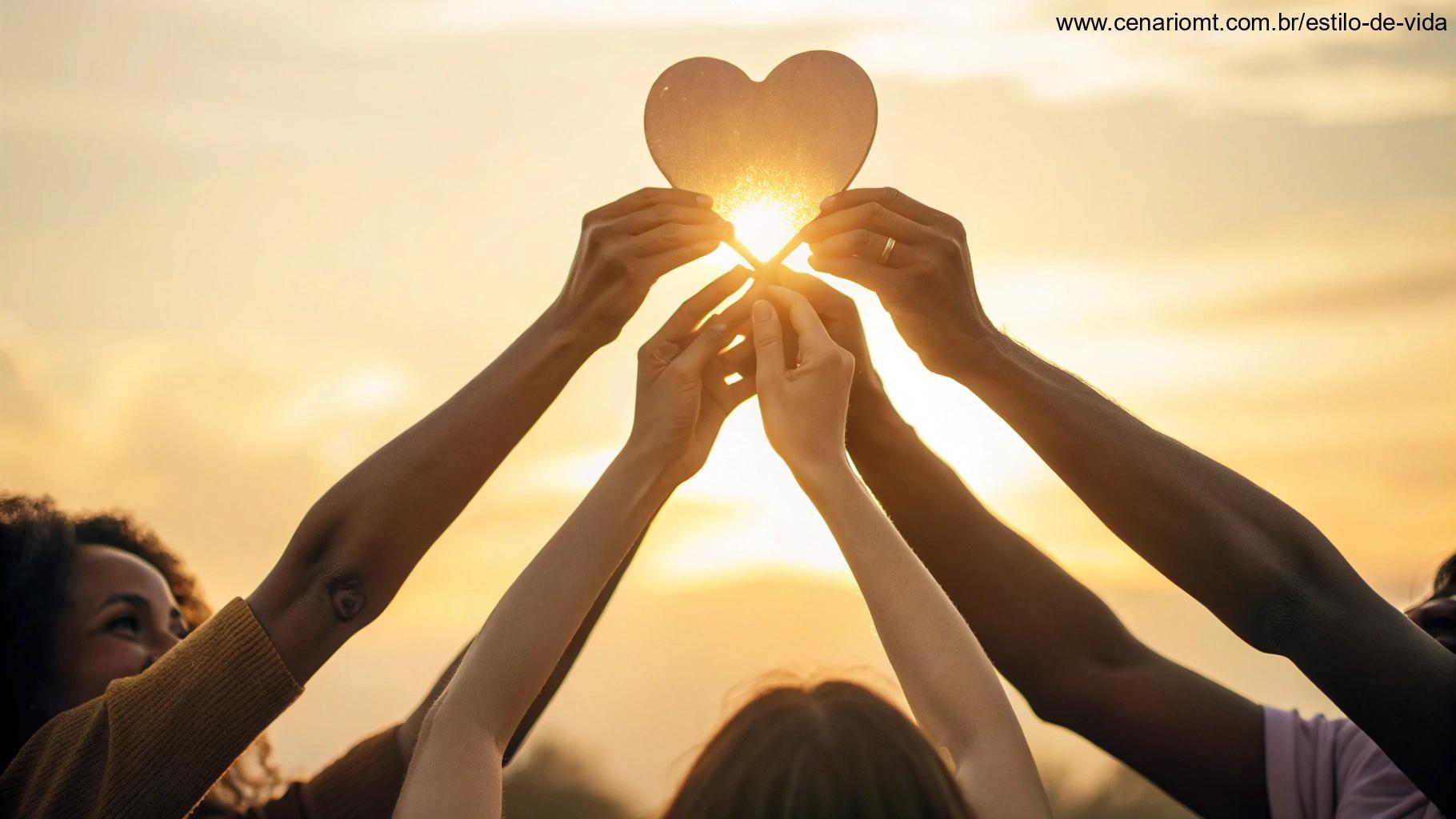 Um grupo de mãos diversas segurando uma forma de coração brilhante, simbolizando o compartilhamento da fé e do amor, com um fundo dourado quente e raios de luz suaves