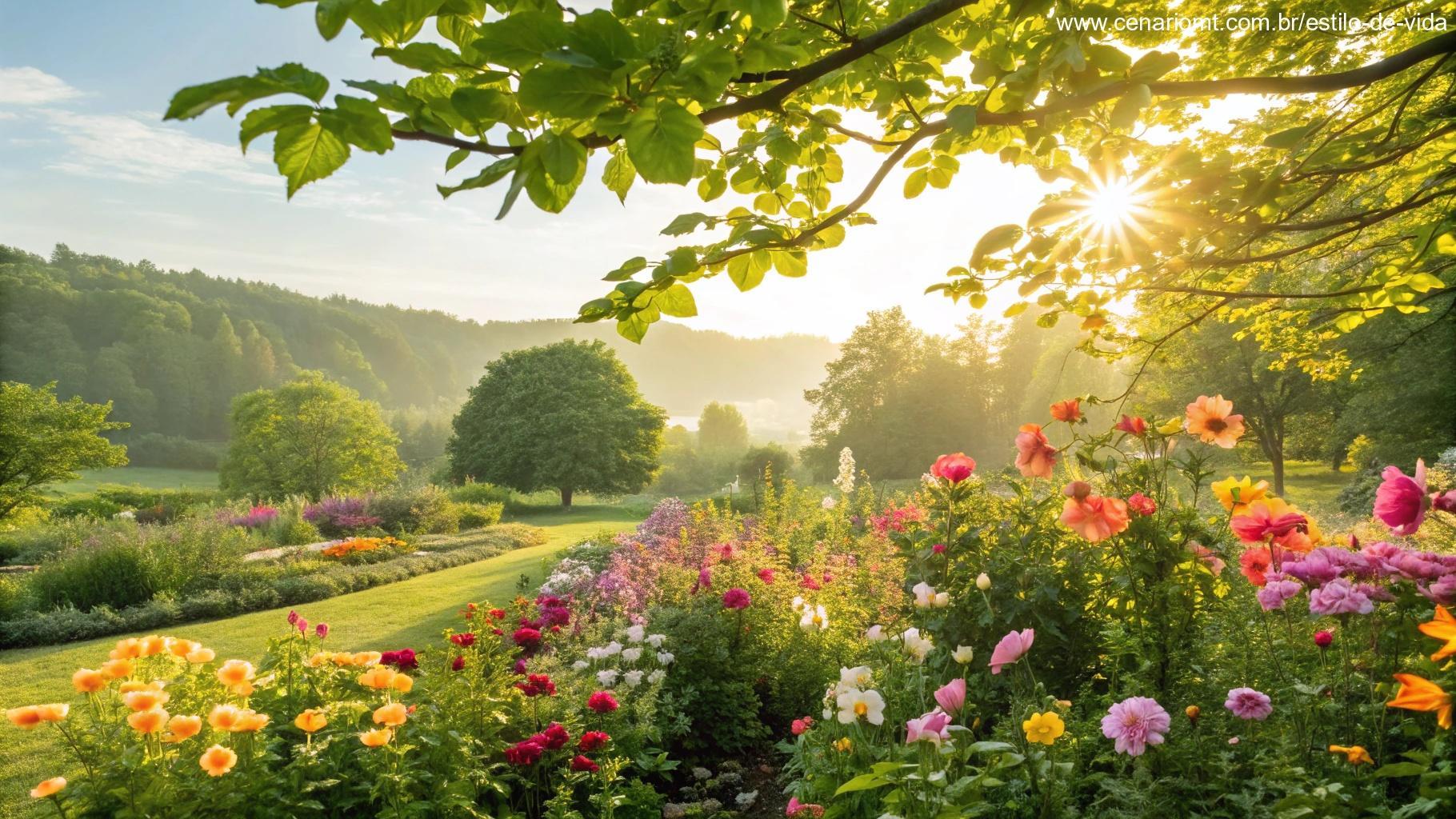 Jardim vibrante e colorido, simbolizando a alegria de compartilhar a palavra de Deus com os outros.