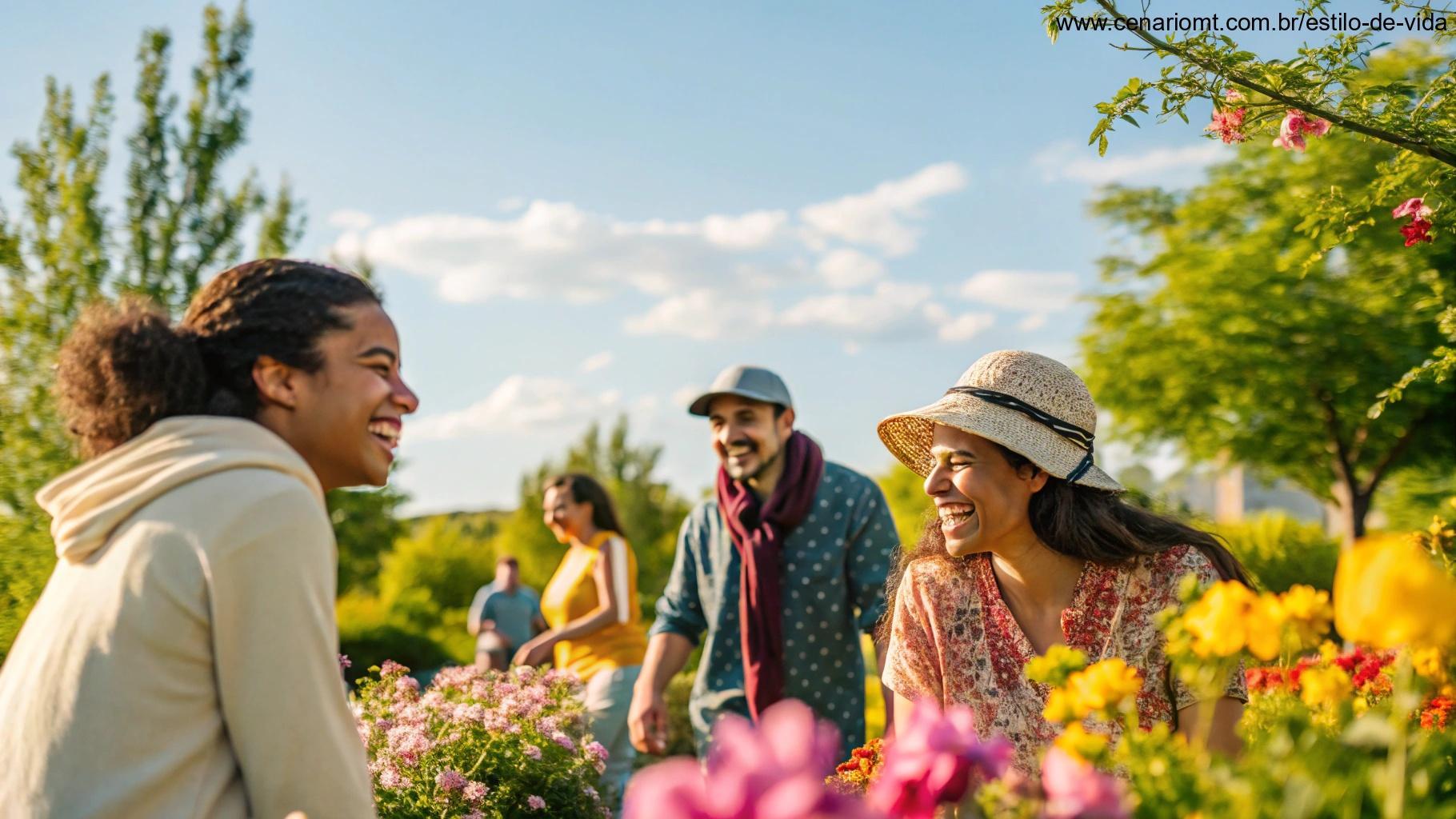 Imagem vibrante e colorida com pessoas sorrindo, compartilhando positividade umas com as outras em um parque ensolarado, ideal para uma mensagem de compartilhar positividade no sábado.